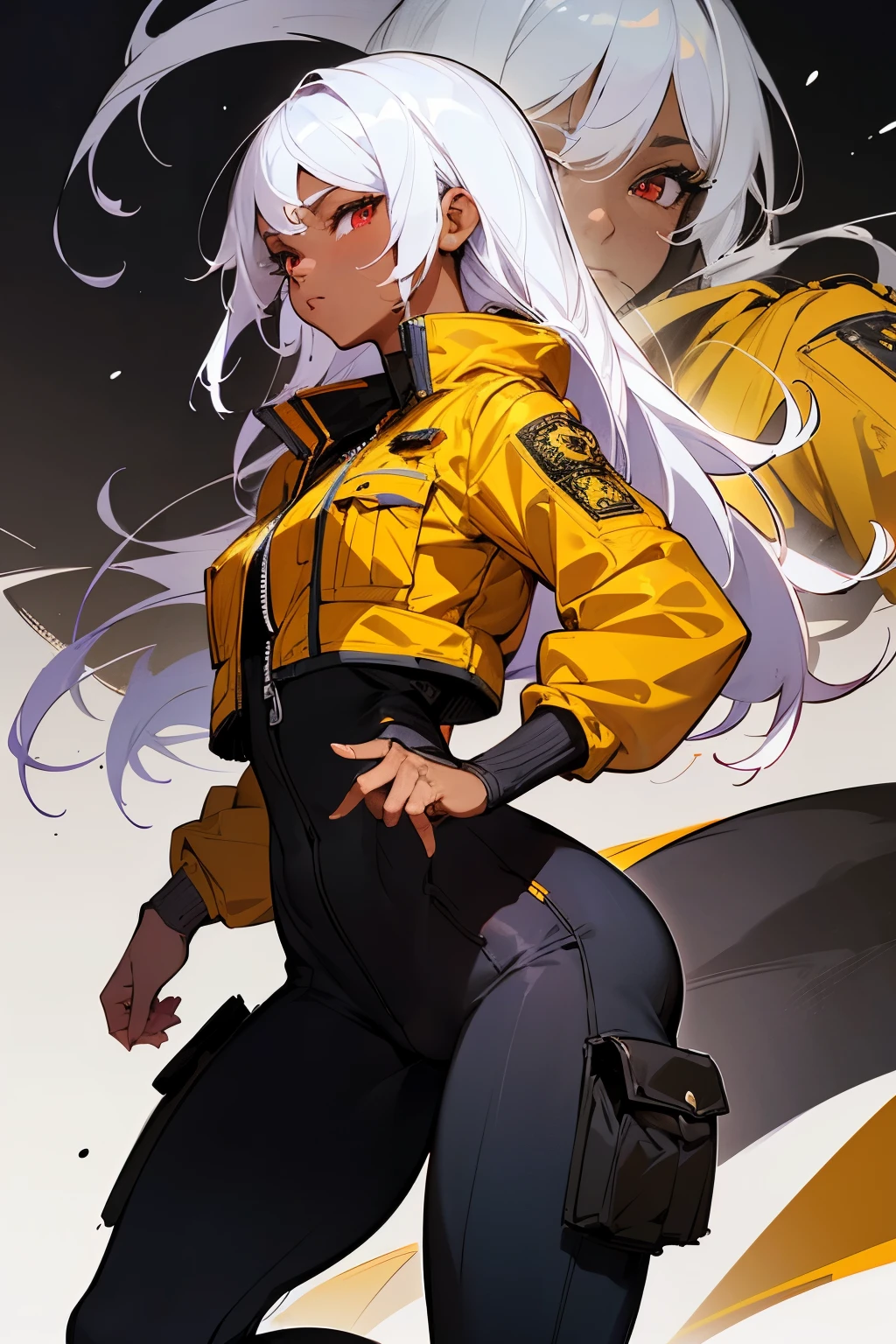 (((Muscular Black Woman))), ((Best Quality)), ((masutepiece)), (Detailed: 1.4), (Absurd), 35-year-old adult woman with Simon Bisley-style micro thong, Genesis evangelion neon style clothing, 2-piece clothing, Long white hair, arm tatoo, cybernetic hands, pastel, Centered, scale to fit the dimensions, nffsw (High dynamic range),Ray tracing,NVIDIA RTX,Hyper-Resolution,Unreal 5,Subsurface Dispersion,  PBR Texture, Post-processing, Anisotropy Filtering, depth of fields, Maximum clarity and sharpness, Multilayer textures, Albedo and specular maps, Surface Shading, accurate simulation of light and material interactions, Perfect proportions, Octane Render, Two-tone lighting, Wide aperture, Low ISO, White Balance, thirds rule, 8K Raw, Crysisnanosuit,loraeyes,nijistyle,pantyhose,Red eyes, yellow jacket, abs, MUSCULAR, pant, MUSCULAR, pants, abs, Muscular black woman in skin tight clothes, white hair, tight yellow jacket, red eyes, black cargo pant, AB Xcover, intricate pencil sketch, expressive eyes and nose and mouth, un-zoom, by Jim Lee profile centered Key visual intricate highly detailed breathtaking precise lineart vibrant panoramic cinematic, sitting, dynamic pose, white background  