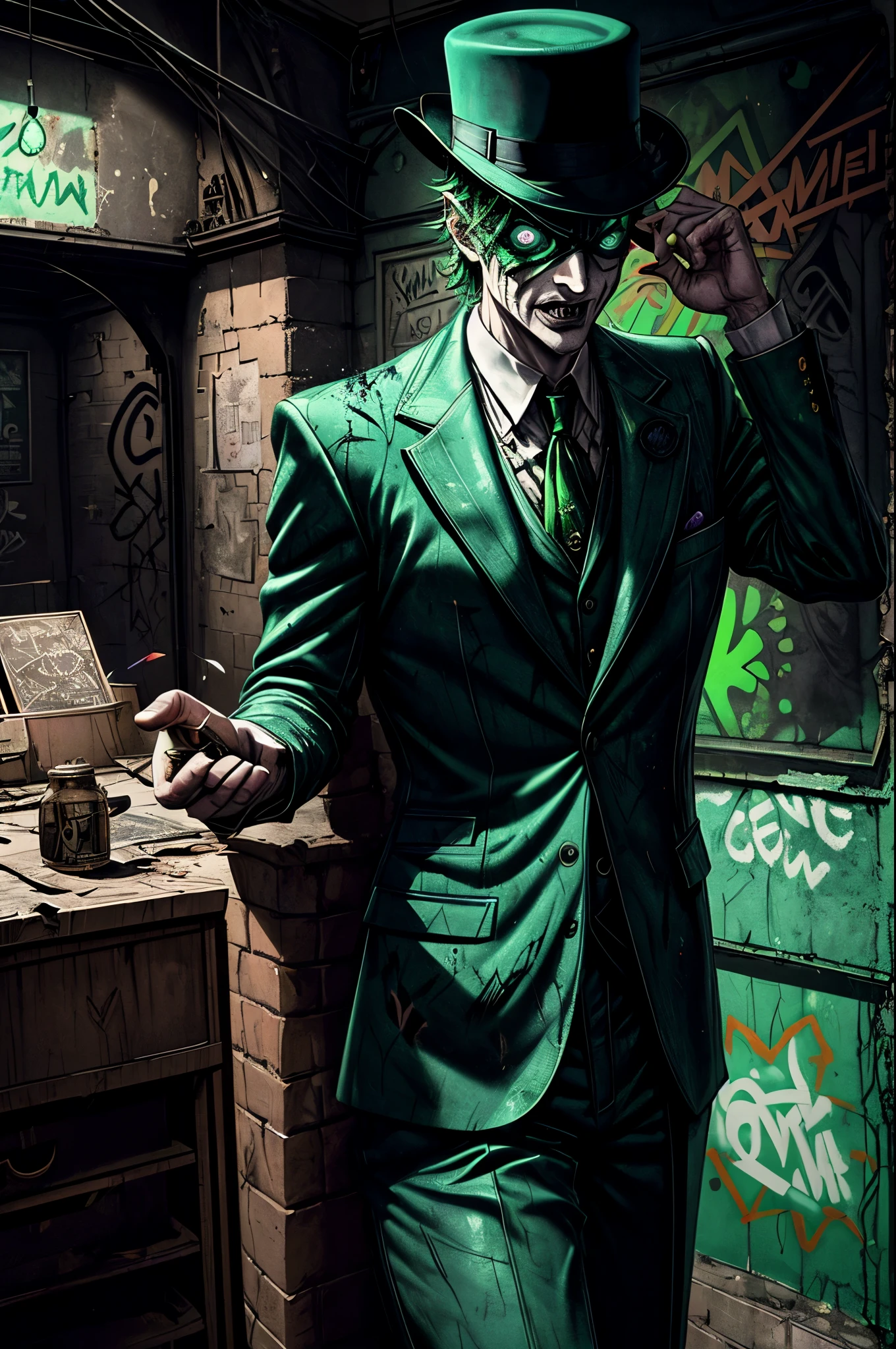 The Riddler, one of Batman's iconic villains, is standing in a dimly lit chamber. He is enthusiastically explaining the intricate details of his elaborate riddle. Graffiti splatters cover the walls, creating a chaotic and mysterious atmosphere.

The chamber is filled with an eerie vibe, with dim lights casting long shadows across the room. In the center, The Riddler stands, wearing his signature green suit and bowler hat. His mischievous eyes gleam with excitement as he gestures dramatically while delivering his riddle.

The graffiti on the chamber walls adds to the enigmatic setting. It features neon-colored symbols, mathematical equations, and cryptic phrases, all intertwined to create a visually captivating display. The vibrant colors and abstract patterns heighten the sense of anticipation and challenge.

As The Riddler speaks, his voice echoes throughout the chamber, bouncing off the graffiti-covered walls. His words are filled with a mixture of arrogance and exhilaration, leaving an air of mystery to those who listen.

The chamber itself has an old, worn-out appearance. The walls are made of rough, exposed brick, creating a gritty backdrop. Dimly lit, flickering bulbs hang from the ceiling, providing minimal illumination. The floor is covered in a layer of dust, giving the room a neglected feel.

There is a sense of anticipation in the air, as if the chamber is holding a hidden secret waiting to be revealed. The combination of The Riddler's extravagant performance, the vibrant graffiti, and the atmospheric setting creates a visually stunning and intellectually stimulating scene.

Keywords: The Riddler, elaborate riddle, graffiti-covered walls, dimly lit chamber, mysterious atmosphere, eerie vibe, neon-colored symbols, mathematical equations, cryptic phrases, enigmatic setting, vibrant colors, abstract patterns, worn-out appearance, exposed brick walls, dim lights, neglected feel, sense of anticipation.