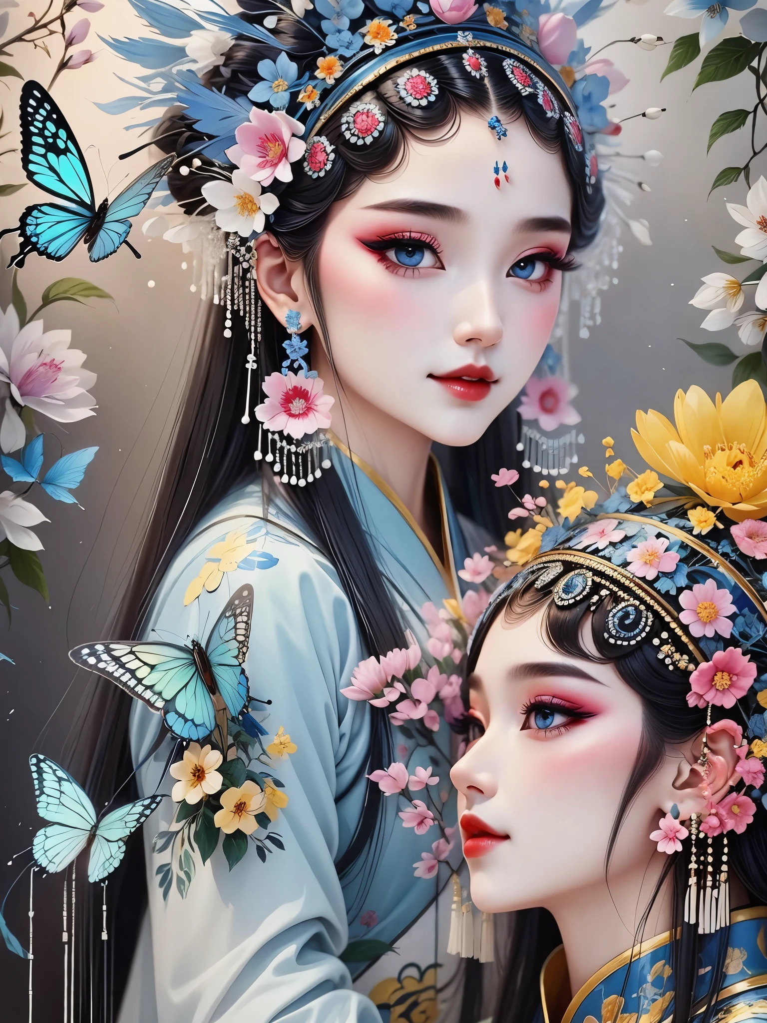 (masterpiece, best quality:1.2，lifelike：1.37), antiquity，Chinese style illustrations：（1 girl，bust，portrait ），exquisite facial features，Detailed drawing of eyes，eyelash，blush，long hair，Exquisite makeup，Beautiful pearls on the head，blue华丽的汉服，Garden background blurred，Simple，glowing butterfly，blue：1.37，huge peony flower：1.37