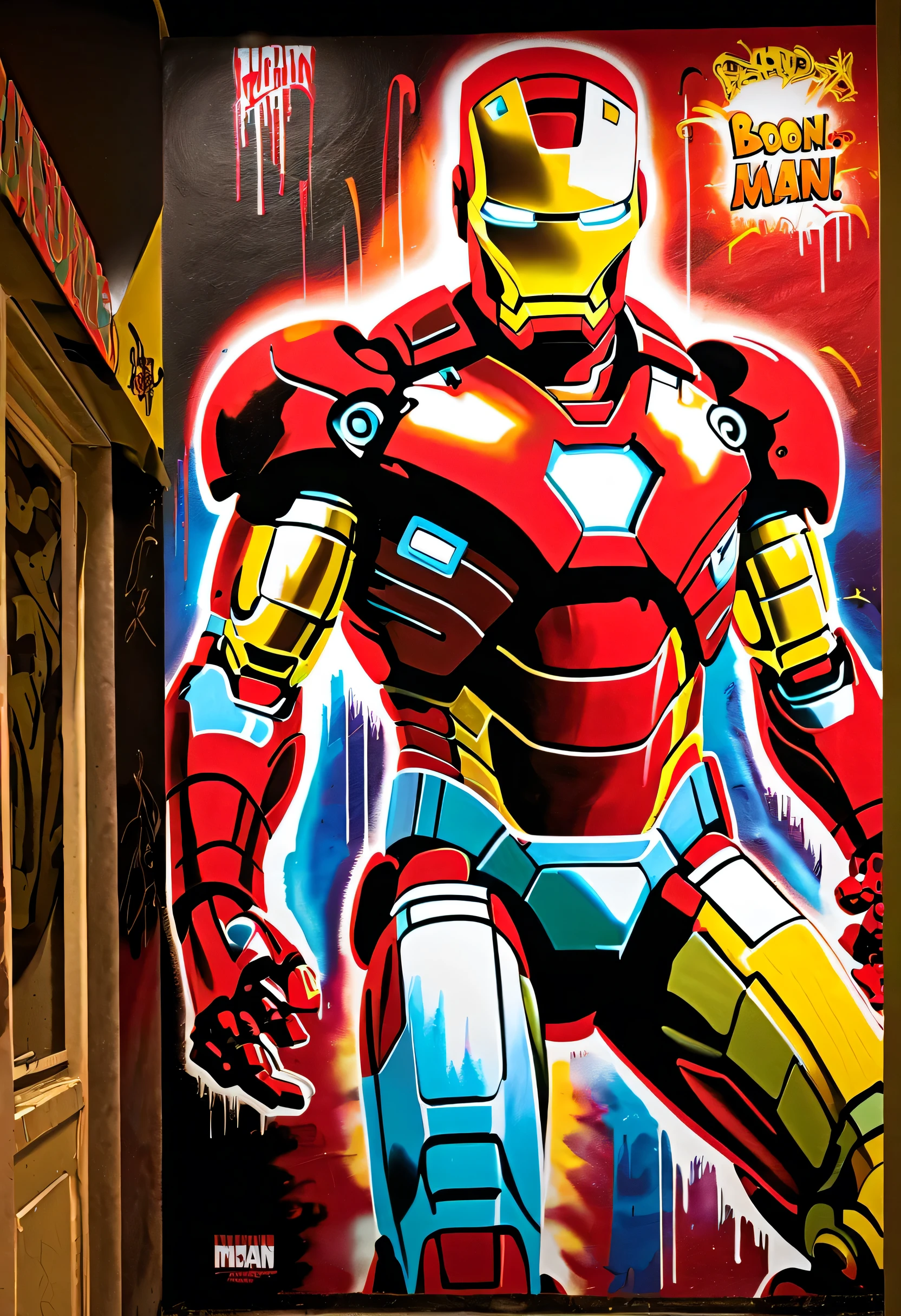 UrbanGraffiti, graffiti on wall, Night time, street-lighting, graffiti-style Iron Man poster on wall, Spray colors, featuring bold, vibrant colors and intricate details, Incorporate dynamic and edgy typography, and includes iconic elements of the Iron Man suit and his armored helmet