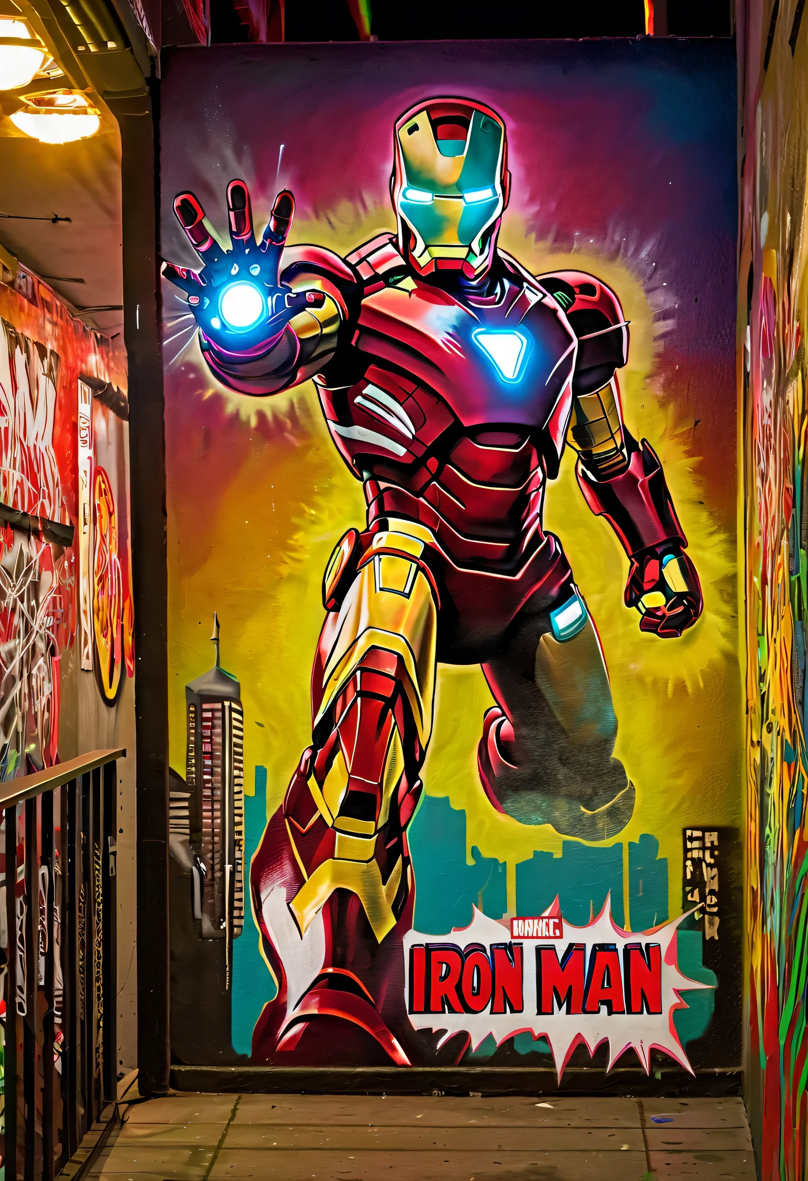 UrbanGraffiti, graffiti on wall, Night time, street-lighting, graffiti-style Iron Man poster on wall, Spray colors, featuring bold, vibrant colors and intricate details, Incorporate dynamic and edgy typography, and includes iconic elements of the Iron Man suit and his armored helmet