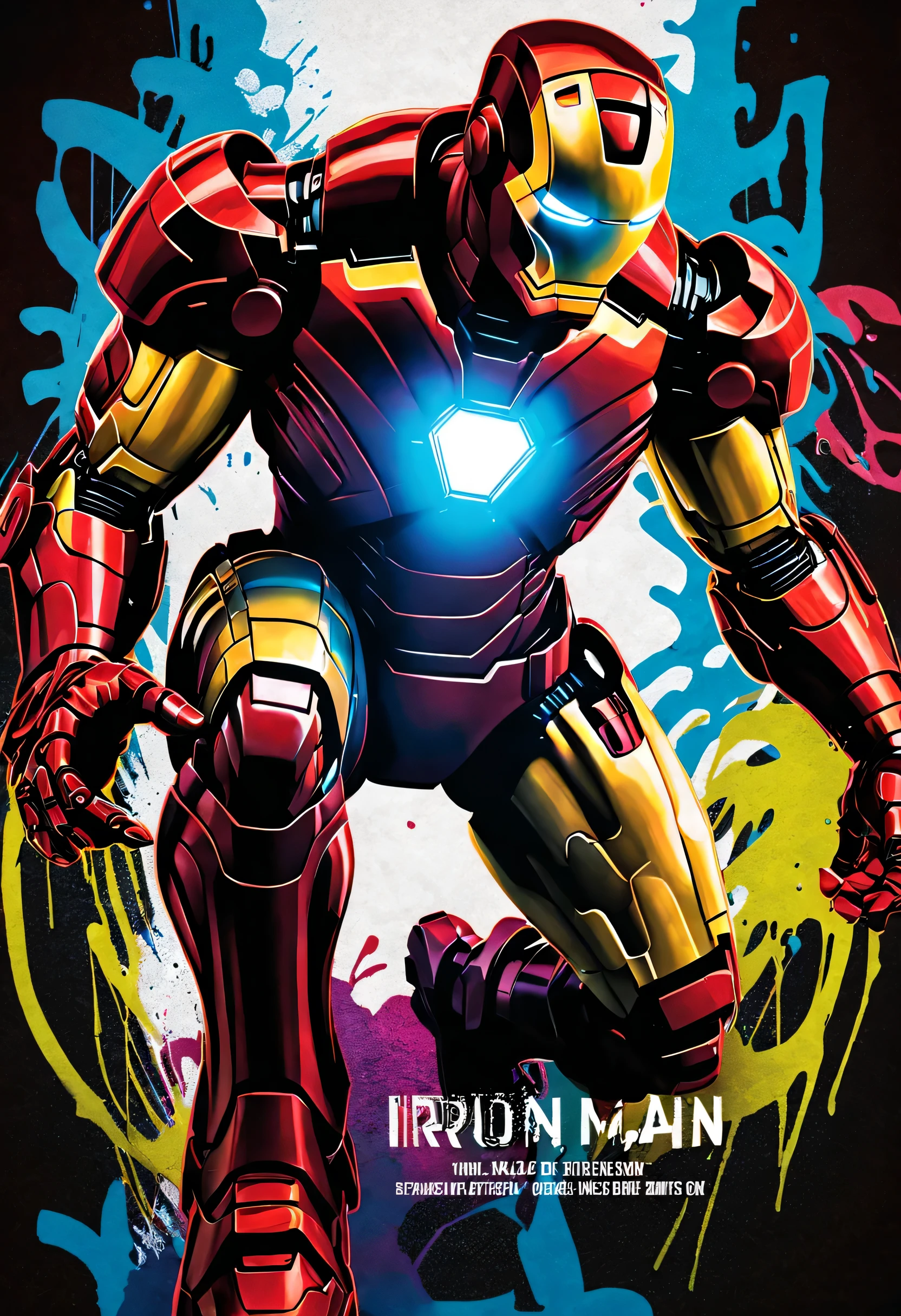 UrbanGraffiti, graffiti comic, Night time, street-lighting, graffiti-style Iron Man poster, Spray colors, featuring bold, vibrant colors and intricate details, Incorporate dynamic and edgy typography, and includes iconic elements of the Iron Man suit and his armored helmet
