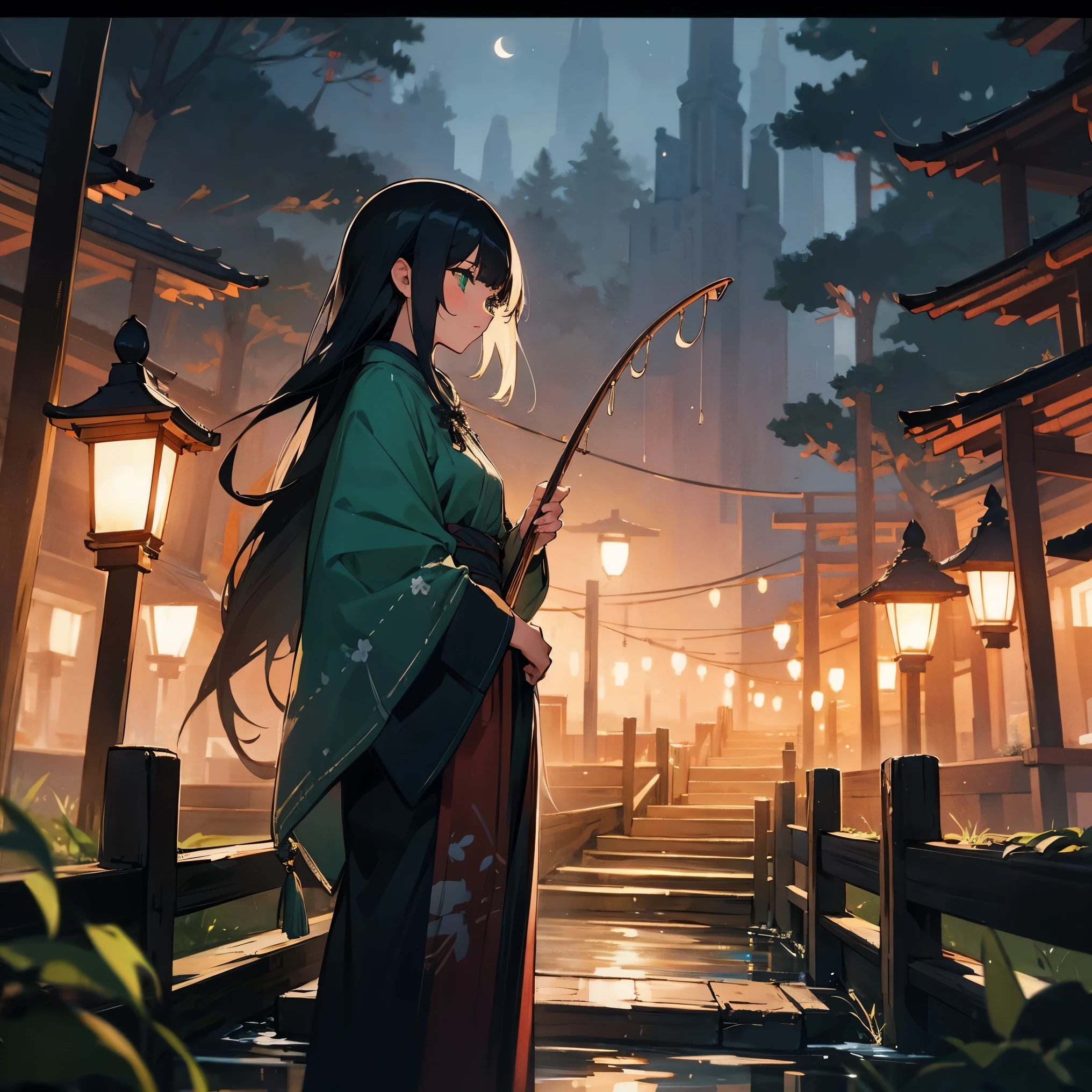 1female, adult, finely detailed green eyes, long messy black hair, azure fur poncho, peasant clothing, night time, standing on path, forest, night, lanterns, fishing village 