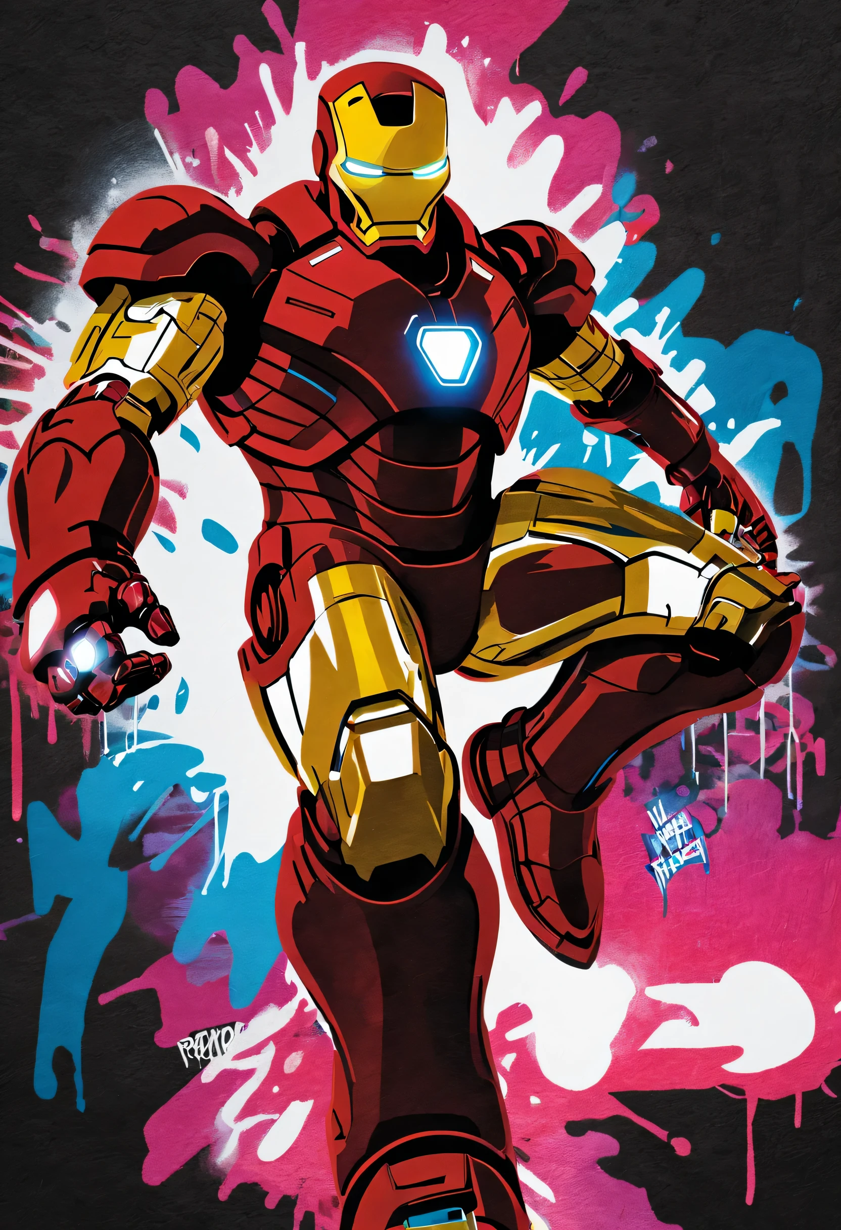 UrbanGraffiti, graffiti comic, Night time, street-lighting, graffiti-style Iron Man poster, Spray colors, featuring bold, vibrant colors and intricate details, Incorporate dynamic and edgy typography, and includes iconic elements of the Iron Man suit and his armored helmet