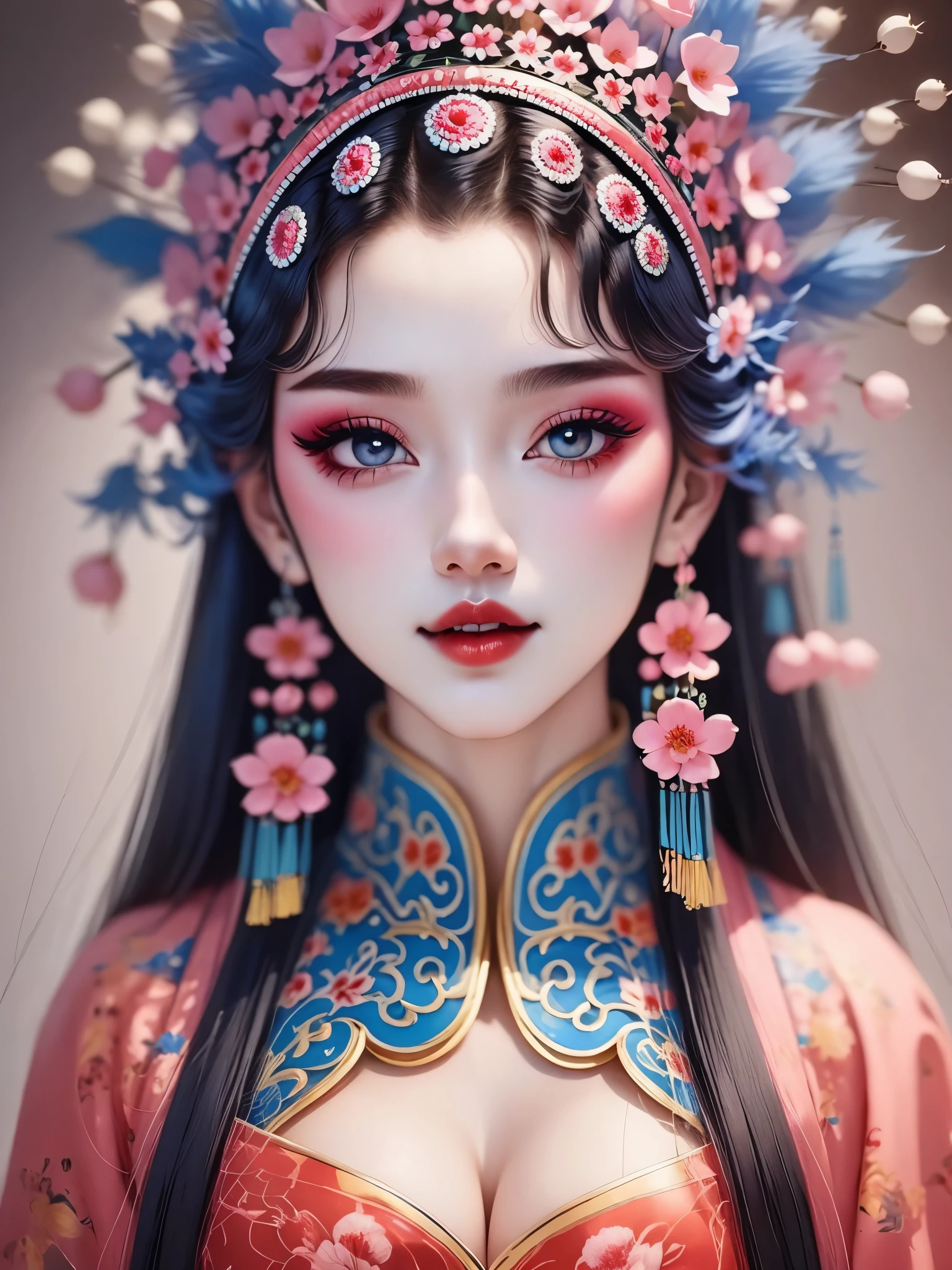 (masterpiece, best quality:1.2，lifelike：1.37), antiquity，Chinese style illustrations：（1 girl，bust，portrait ），exquisite facial features，Detailed drawing of eyes，eyelash，blush，long hair，Exquisite makeup，Beautiful pearls on the head，blue华丽的汉服，Garden background blurred，Simple，glowing butterfly，blue：1.37，huge peony flower：1.37