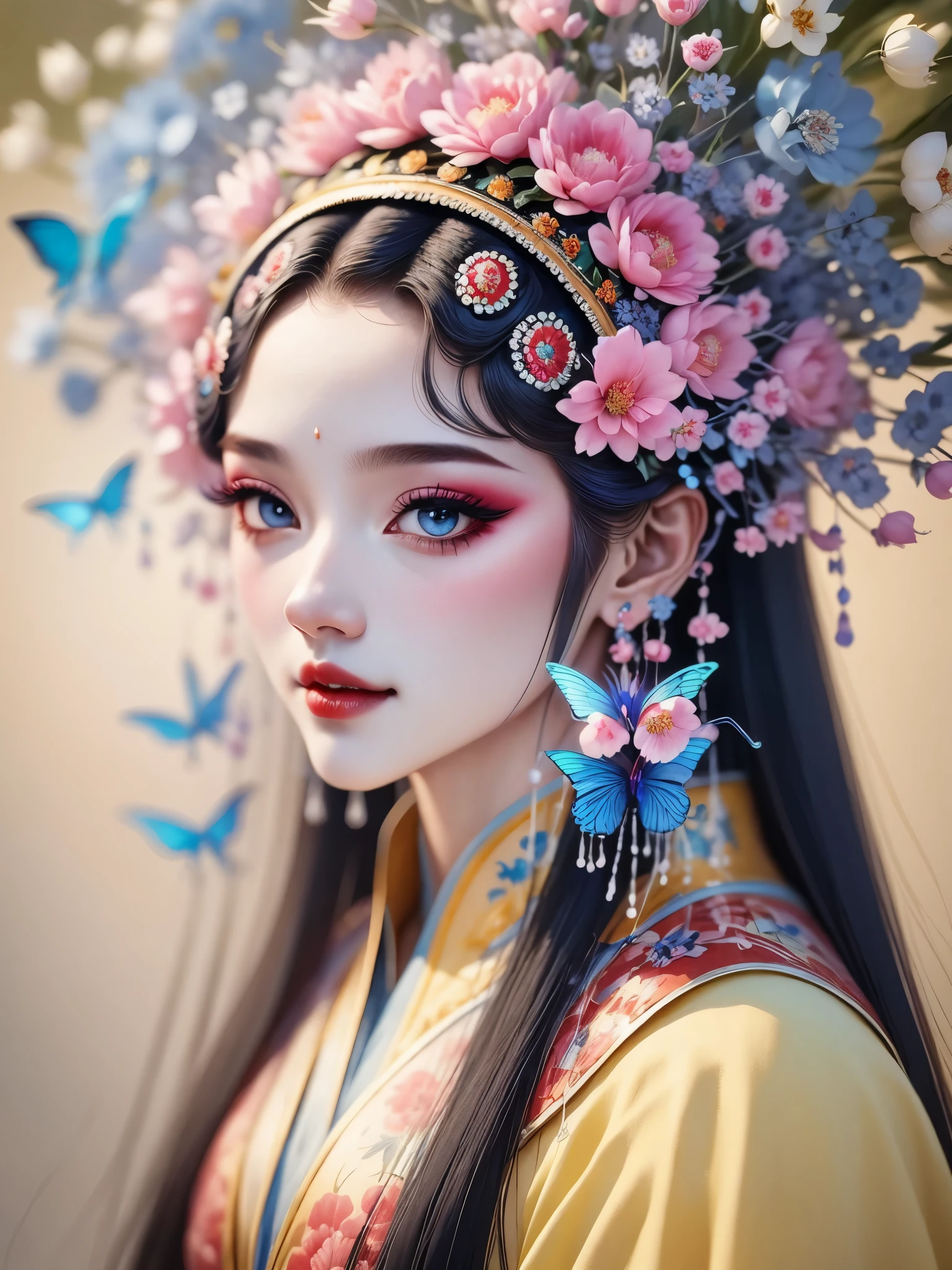 (masterpiece, best quality:1.2，lifelike：1.37), antiquity，Chinese style illustrations：（1 girl，bust，portrait ），exquisite facial features，Detailed drawing of eyes，eyelash，blush，long hair，Exquisite makeup，Beautiful pearls on the head，blue华丽的汉服，Garden background blurred，Simple，glowing butterfly，blue：1.37，huge peony flower：1.37