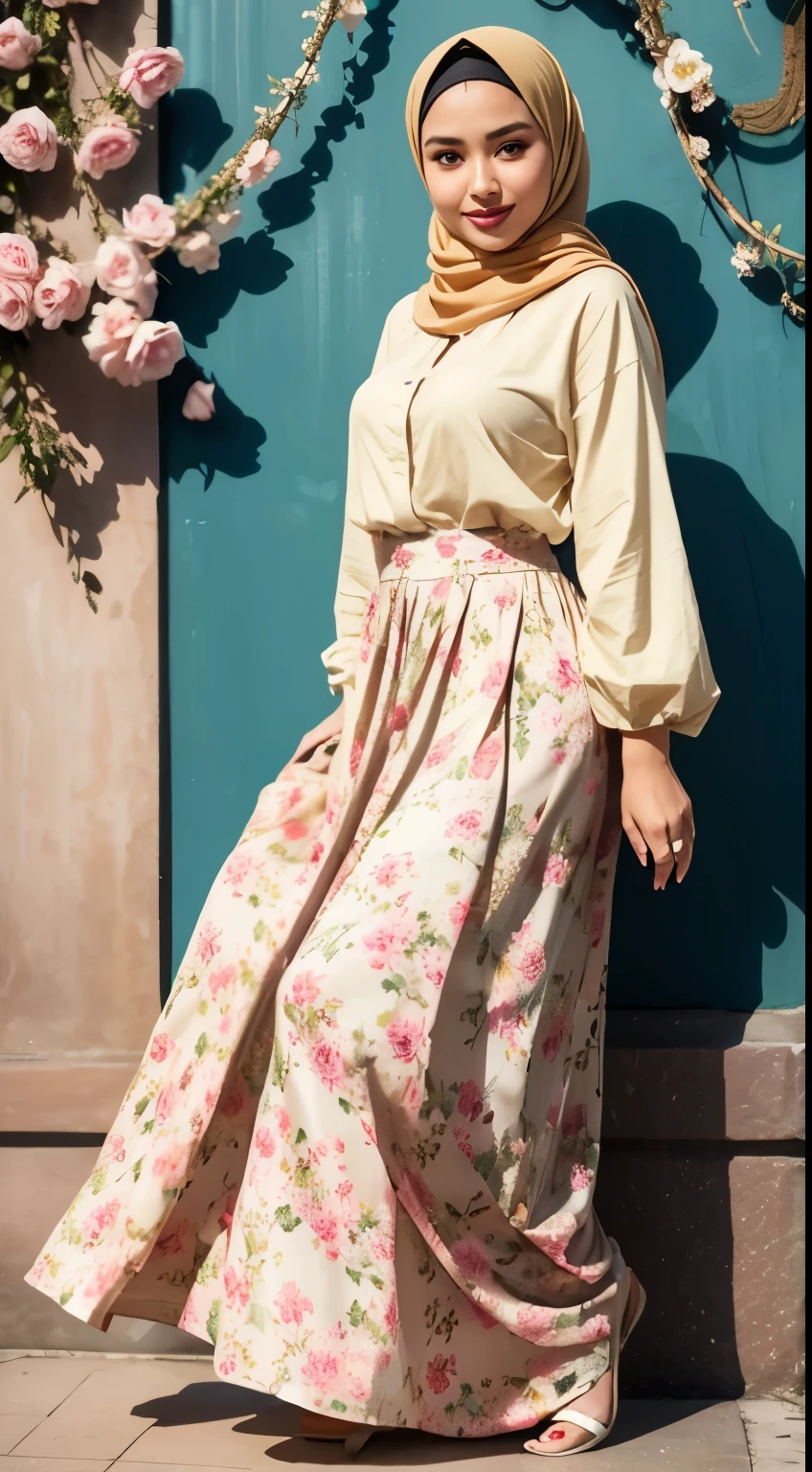 ( full body portrait),RAW, Best quality, high resolution, masterpiece: 1.3), beautiful Malay man in hijab,Masterpiece, perfect fit body, (flat breast),big gorgeous eyes, Soft smile,thick thighs, beautiful face, sitting, man in a floral skirt and yellow shirt posing for a picture, feminine in cute pastel shades, feminine in pastel shades, wearing a long flowery dress, wearing beautiful clothes, very beautiful style, dressed in long fluent skirt, very beautiful masterpiece, beautiful masterpiece, beautiful clothes, floral clothes, long skirt, hijab jungle gown , Excellent lighting, Bright colors, Clean lines, standing femininely, graceful pose, shy smile 