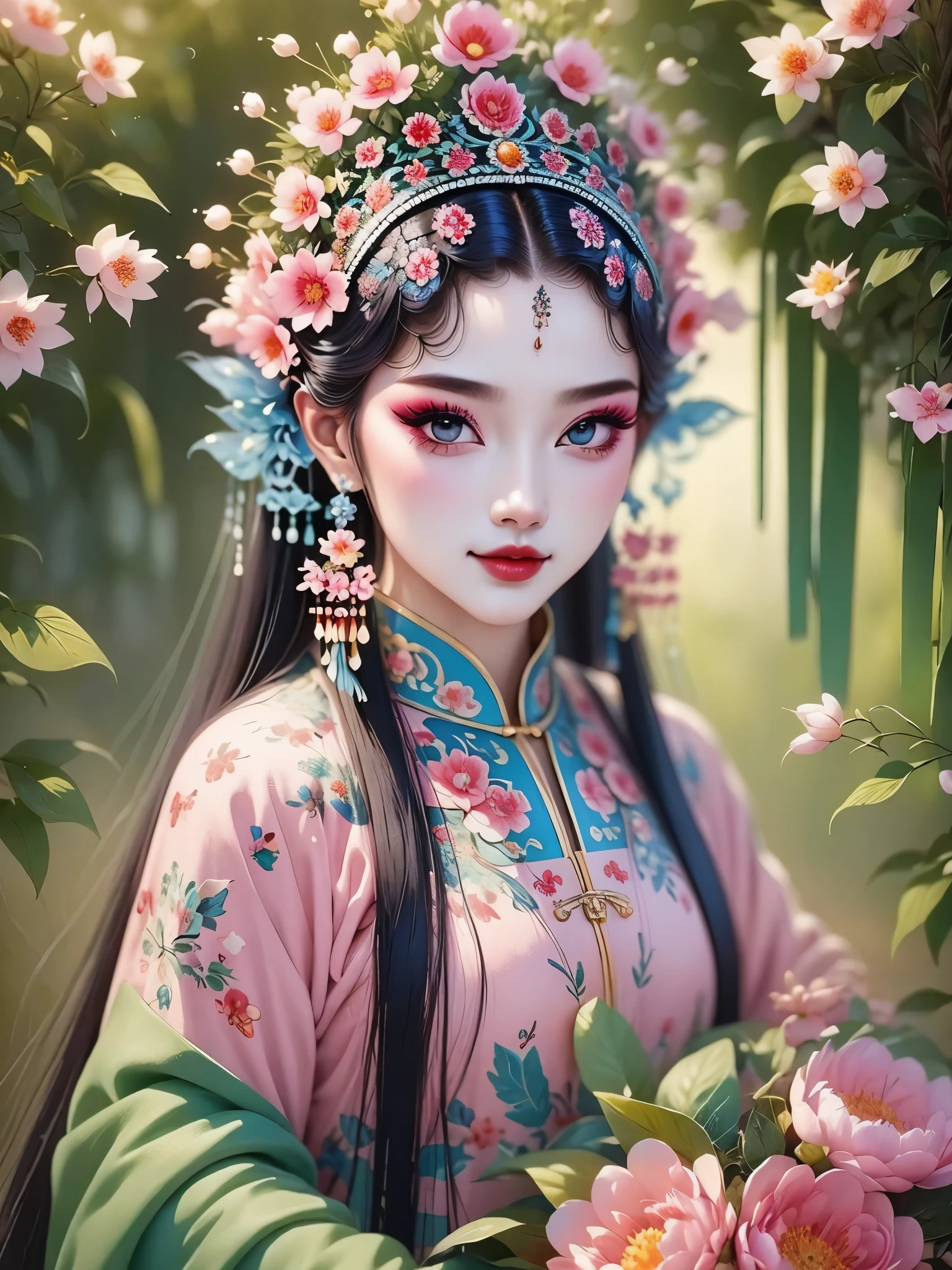 (masterpiece, best quality:1.2，lifelike：1.37), antiquity，Chinese style illustrations：（1 girl，bust，portrait ），exquisite facial features，Detailed drawing of eyes，eyelash，blush，long hair，Exquisite makeup，Beautiful pearls on the head，blue华丽的汉服，Garden background blurred，Simple，glowing butterfly，blue：1.37，huge peony flower：1.37