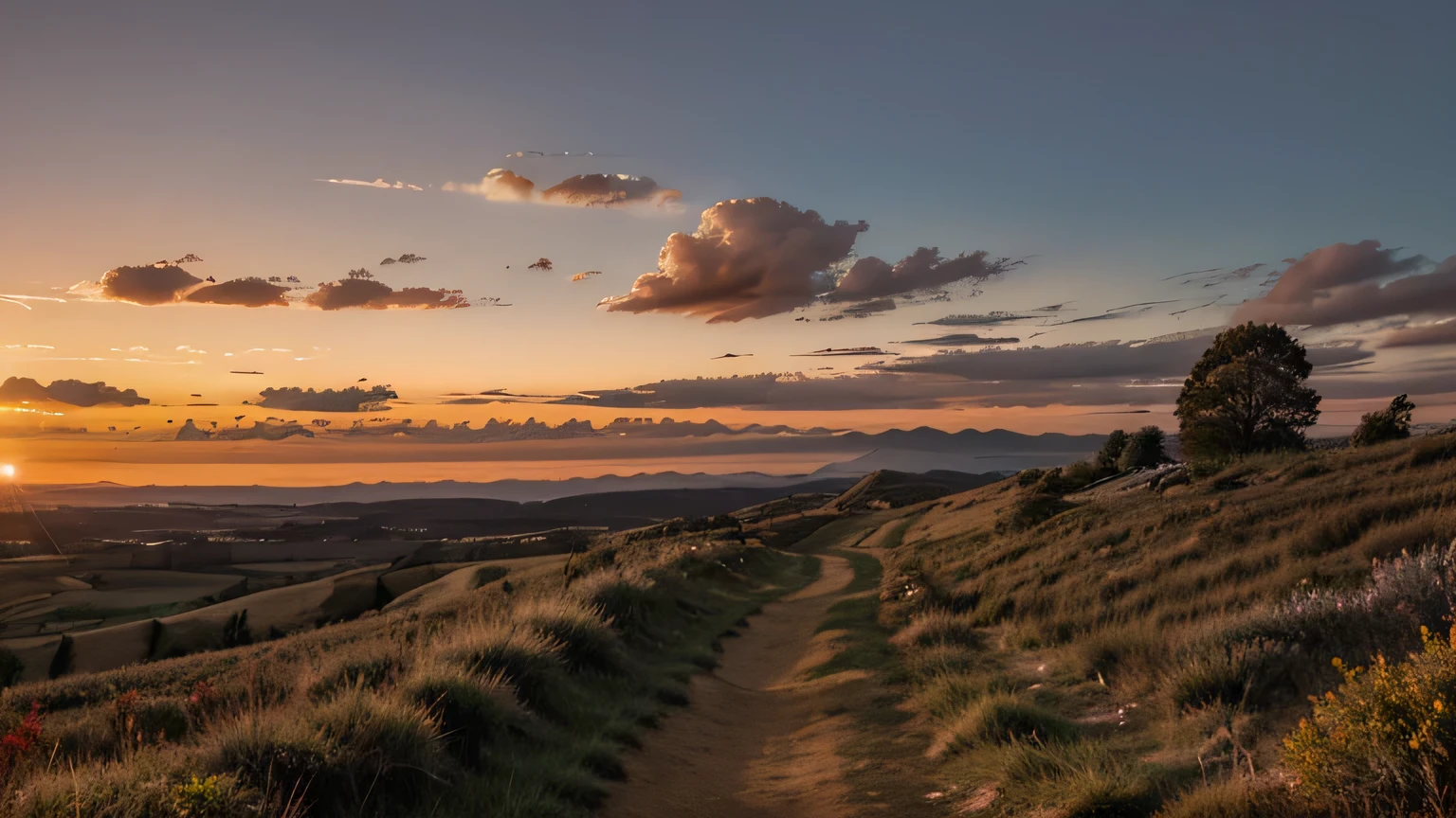 A long path as if going beyond the horizon, sunset at the end of the path, and a red sky with birds and clouds and hills