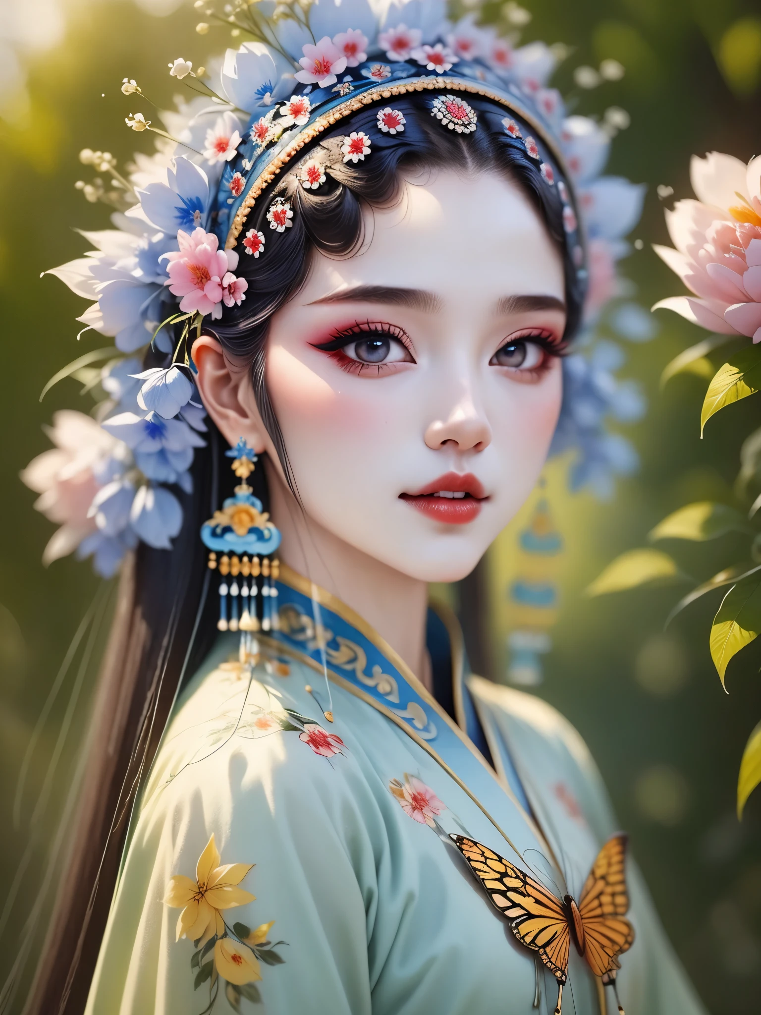 (masterpiece, best quality:1.2,lifelike:1.37), antiquity,Chinese style illustrations:(1 girl,bust ),exquisite facial features,Detailed drawing of eyes,eyelash,blush,laughing out loud,long hair,Exquisite makeup,Exquisite headdress,blue华丽的汉服,Garden background blurred,Simple,glowing butterfly,blue:1.37,huge peony flower:1.37