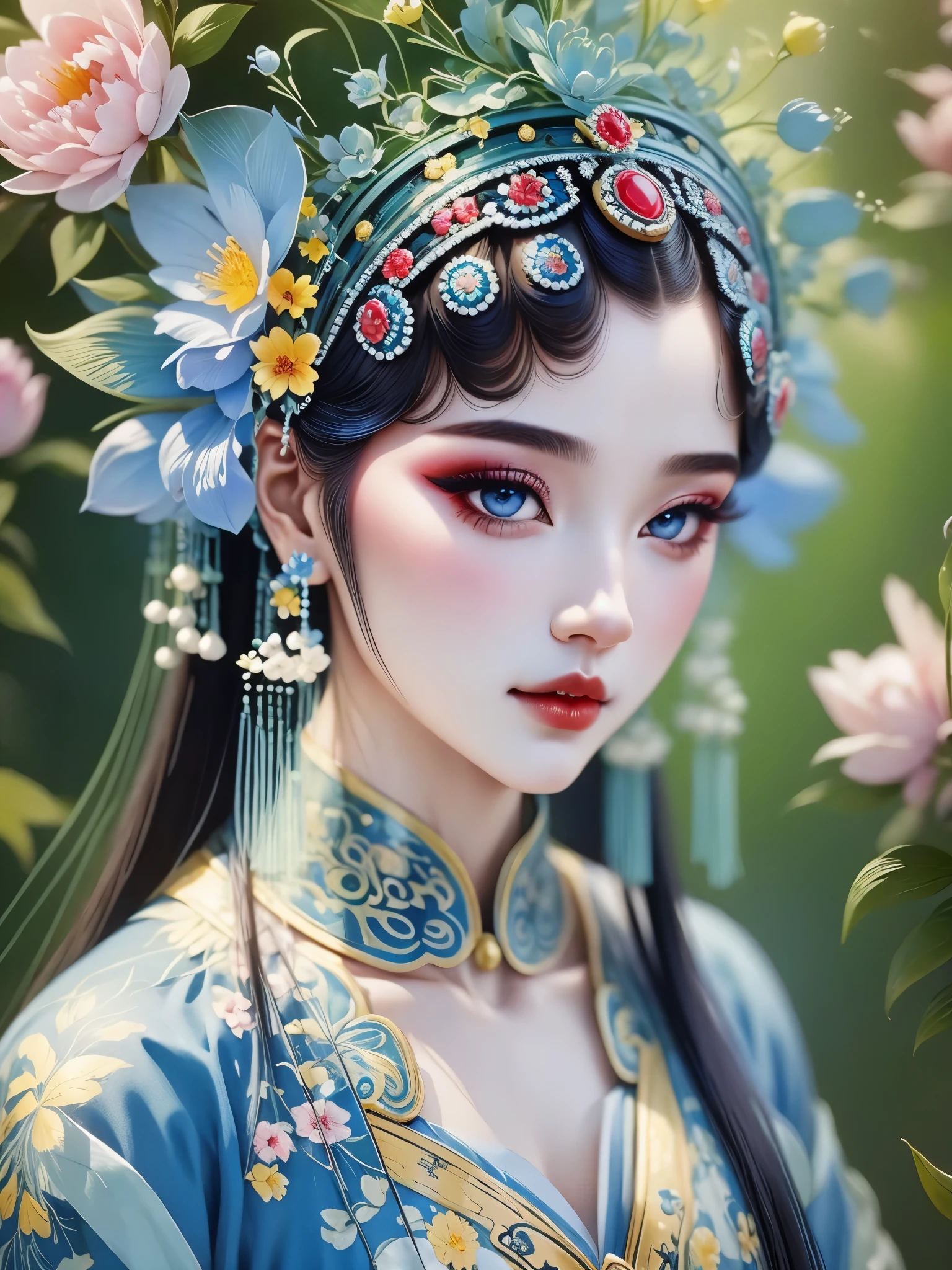 (masterpiece, best quality:1.2，lifelike：1.37), antiquity，Chinese style illustrations：（1 girl，bust，portrait ），exquisite facial features，Detailed drawing of eyes，eyelash，blush，long hair，Exquisite makeup，Beautiful pearls on the head，blue华丽的汉服，Garden background blurred，Simple，glowing butterfly，blue：1.37，huge peony flower：1.37