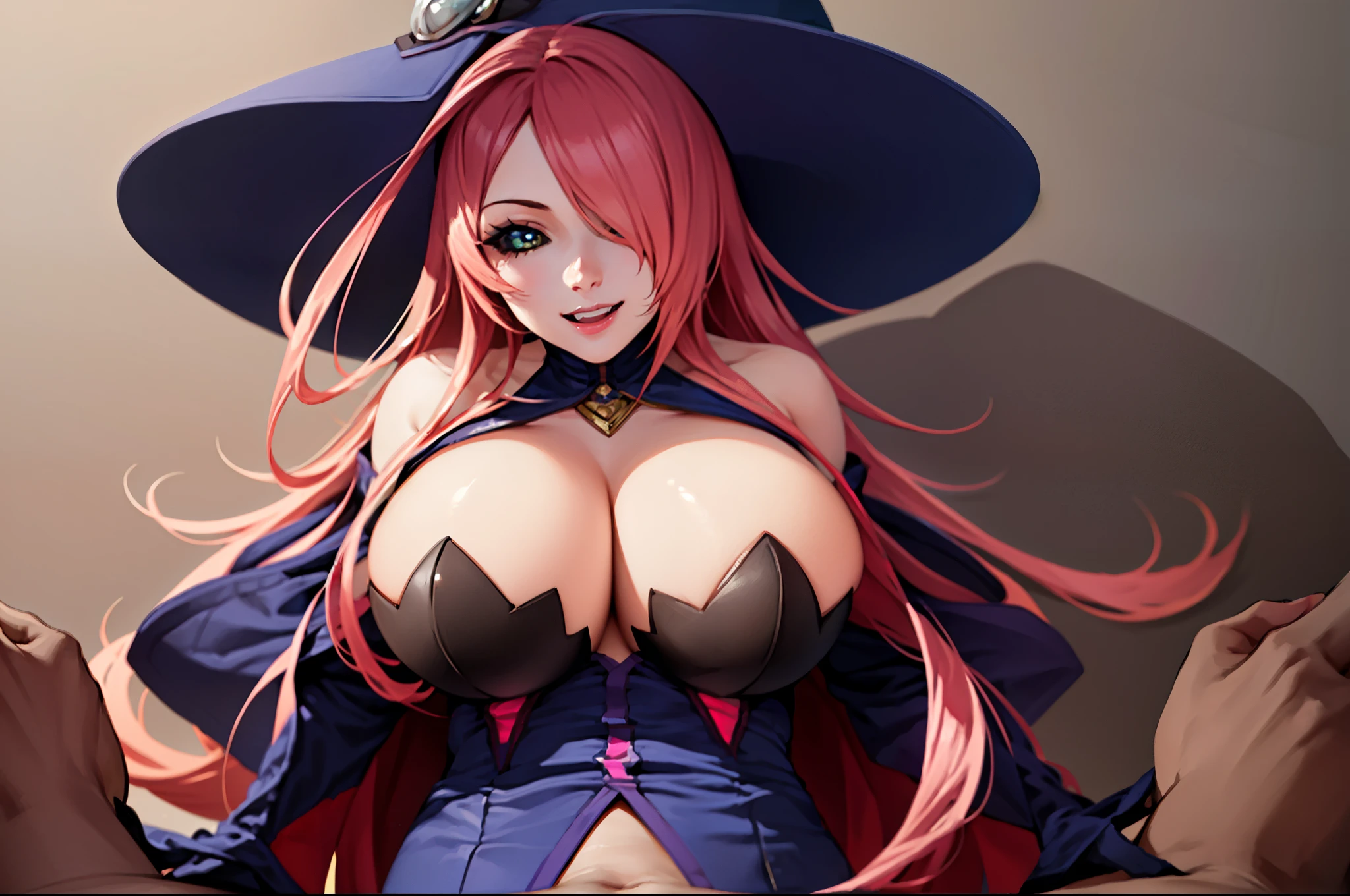 (masterpiece, best quality, high resolution), (ninems),hat, witch hat, gloves, shoulders, thighhighs, black legwear, ((happy,blue eyes,paizuri pov, 2girl,hetero, penis, breasts squeezed together))