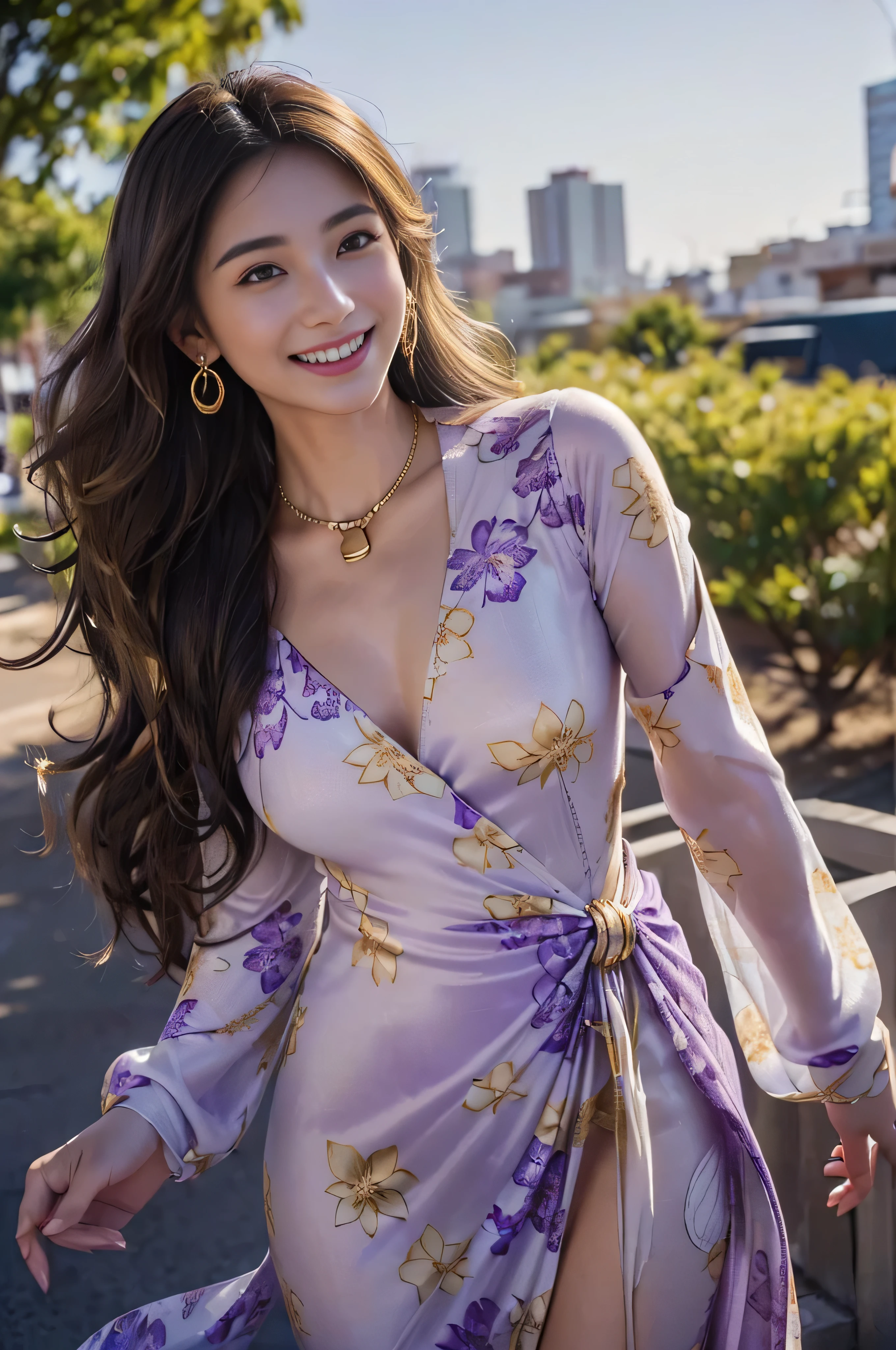 ((beautiful a girl:1.3))((Thin_fabric:1.4))((I am working:1.3))((big breasts:1.2))((Close-up:1.2))highest quality、muste piece、ultra high resolution、(photorealistic:1.4)、Raw photo、(real skin texture:1.3)、(film grain:1.3)、panorama、character portrait、very wide shot、thin waist、cowboy shot、(darkness、deep shadow、low key、cold light、)night、((loose wavy hair:1.2))、streaming tears、dust、Tyndall effect、(expression)、1 girl、beautiful detailed eyes and face、white jabot、brown eyes、((brown super long hair:1.2)) (smile:1.3))((shy smile:1.3))、(((gold necklace_large earrings:1.2))、((abstract purple floral print dress_See through long sleeves_wrap dress dress:1.3))(in the city、running towards here、Comes running with a smile、Let your long hair flow:1.3)((Let me breathe))