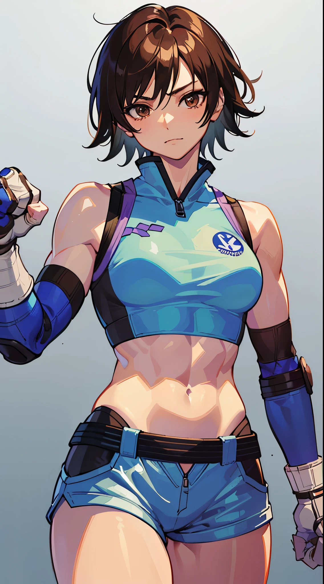 "(masterpiece、premium quality:1.2)、alone、1 girl(Asuka Kazama、muscular woman、short brown hair、white skin、brown eyes)、cowboy shot、Faint smile、combat readiness、tight clothes、good for sports、crop top、shorts、(gloves:1.1)、internal、elbow pad、abdomen、trained abdominal muscles、trained biceps