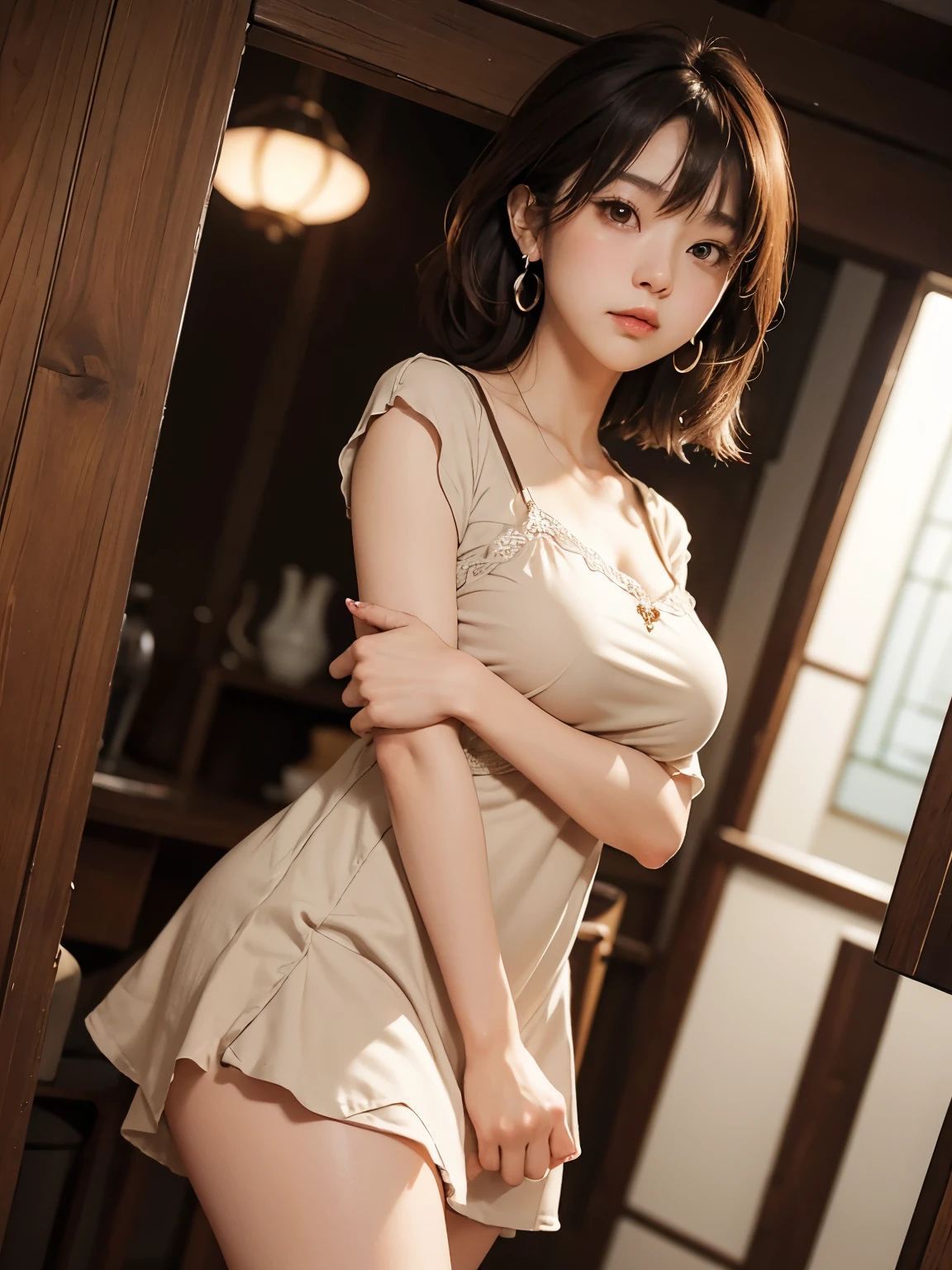 A japanese woman, light skin, blushing face, angry, lomg brown hair, brown eyes, looking down, perspective from below, wearing a mini dress, detailed, high quality, earrings, big breasts 