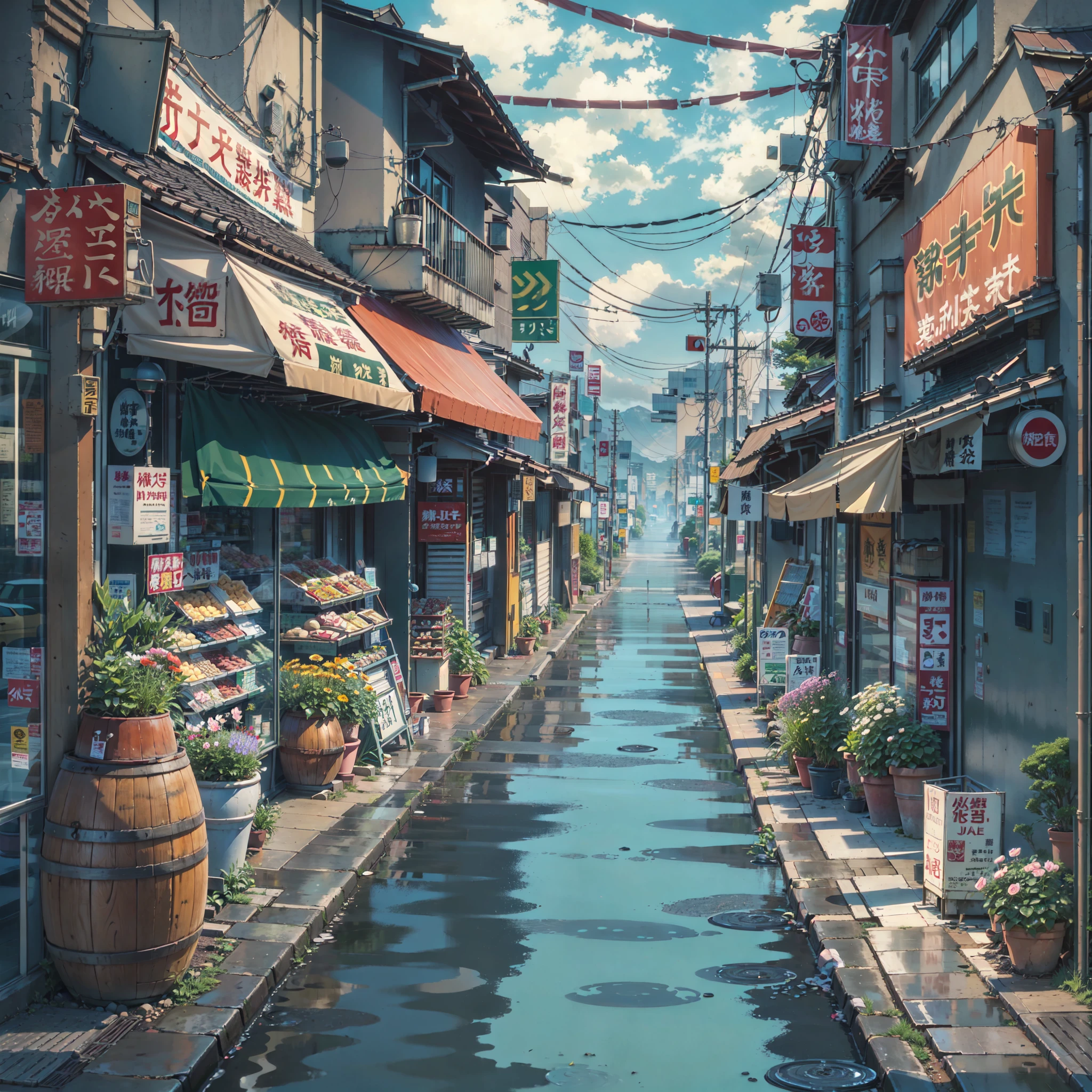 anime backgrounds, empty, A modern Japanese city street by the river. Japanese cartoon, Japanese cartoon style. barrel, flower pots, dSateens, Vents, air ventilation, gutter, pipelines, electrical wires, Japanese large store sign, 复古Japan Shop Width. (No Man :1), No Man in sight. gloomy weather, Sateen, heavy Sateenfall, heavy Sateen, water puddles. Best quality at best.

