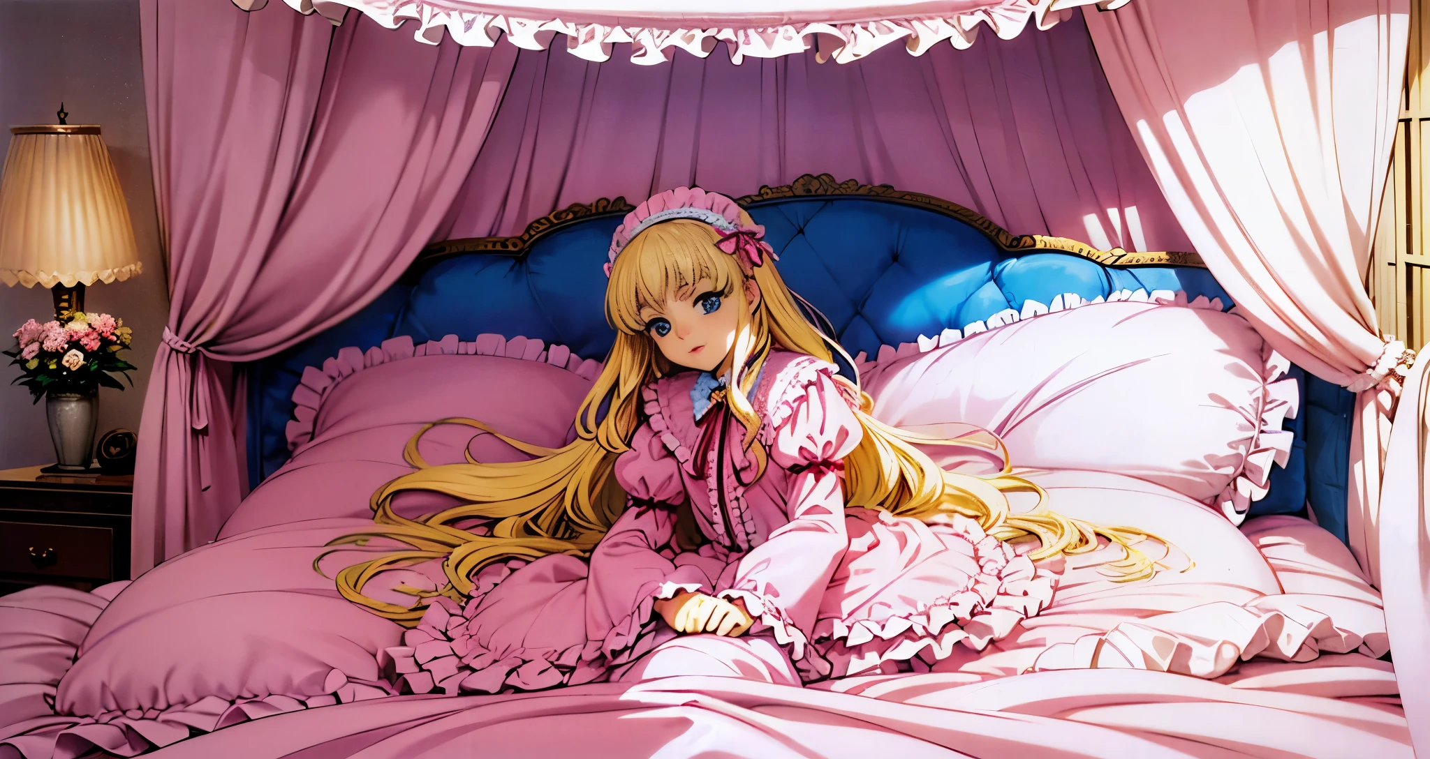 ,highest quality, masterpiece, highest resolution, artwork, super それにget used to it, many get used to it, get used to it, それにget used to it, 3K anime illustration,(( 10 year old girl)),Super detailed baby face,high quality small face,long blonde hair that grows to the waist,blue eyes,白い肌のeuropean,pajamas, european,(((super long blonde hair))),curly hair,blue eyes,((((ピンクのロリータファッションのlong skirtのワンピースドレス)))),((Pink dress with lots of frills and ribbons)),((Luxurious headdress with frills and ribbons)),detailed headdress,,(((big yoke collar))),Yoke collar with ruffles and ribbons,((((long sleeve)))),ruffle sleeves,((((long skirt)))),white ruffle and lace socks,large frill and ribbon pillow,(((Nice pink outfit))),豪華なcanopy bedの上,canopy bed,The bed is surrounded by luxurious curtains,many frilly pillows on the bed,Behind the girl are many pink frilly pillows,super detailed background,detailed bed,soft pink comforter,Highly detailed soft ruffle pillow,Beautiful girl illustration,detailed beautiful face,fine hair,detailed eye ,detailed eyes,detailed mouth, arm details,fine hands,Detailed pillow,wide bed,Illustration on the bed, ,((((round futon)))),((((A large ruffled futon that covers the entire bed)))),detailed comforter,detailed bedシーツ,Soft bed,Before bedtime,romantic atmosphere,palace bedroom,((((The lower half of the body is hidden under the puffy futon....)))) The girl is leaning on a pile of pillows, ,((((round futon)))),((((A large ruffled futon that covers the entire bed)))),