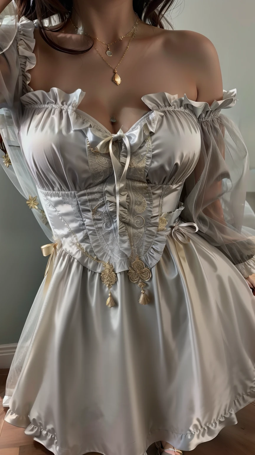 a close up of a woman wearing a espartilho and a necklace, espartilho, elegant espartilho, wearing espartilho, Roupa com babados, espartilhos, lindo vestido de seda, Romantic dress, non-rococo style dress, golden espartilho, vestido vitoriano, vestido de fantasia, roupa de fantasia, vestido detalhado, magic dress, cativante e sedutor, rococo dress with ruffles, roupa intrigante