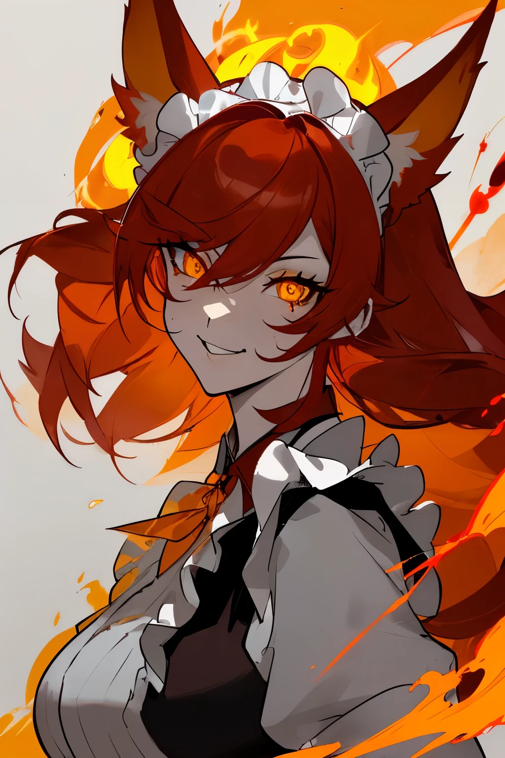 a drawing of a woman in ((french maid dress)), concept upperbody art, ((red hair)), ((yellow demonic eyes)), fox ears, female character design, fire, flames, trigger anime artstyle, detailed character portrait, rossdraws, anime style character, detailed character art, human female character art, rossdraws 2.0, ryan glitter concept artist