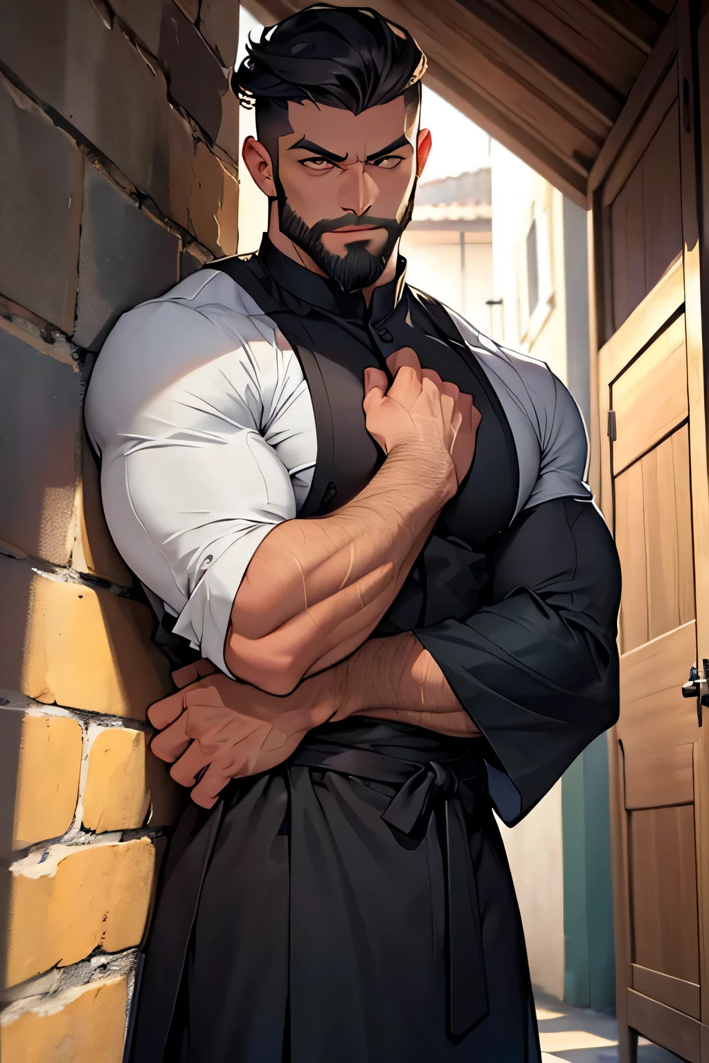 insira um homem magro com cabelos curtos pretos olhos amarelos uma barba semi raspada com um chapeu totalmente preto vestido de um terno