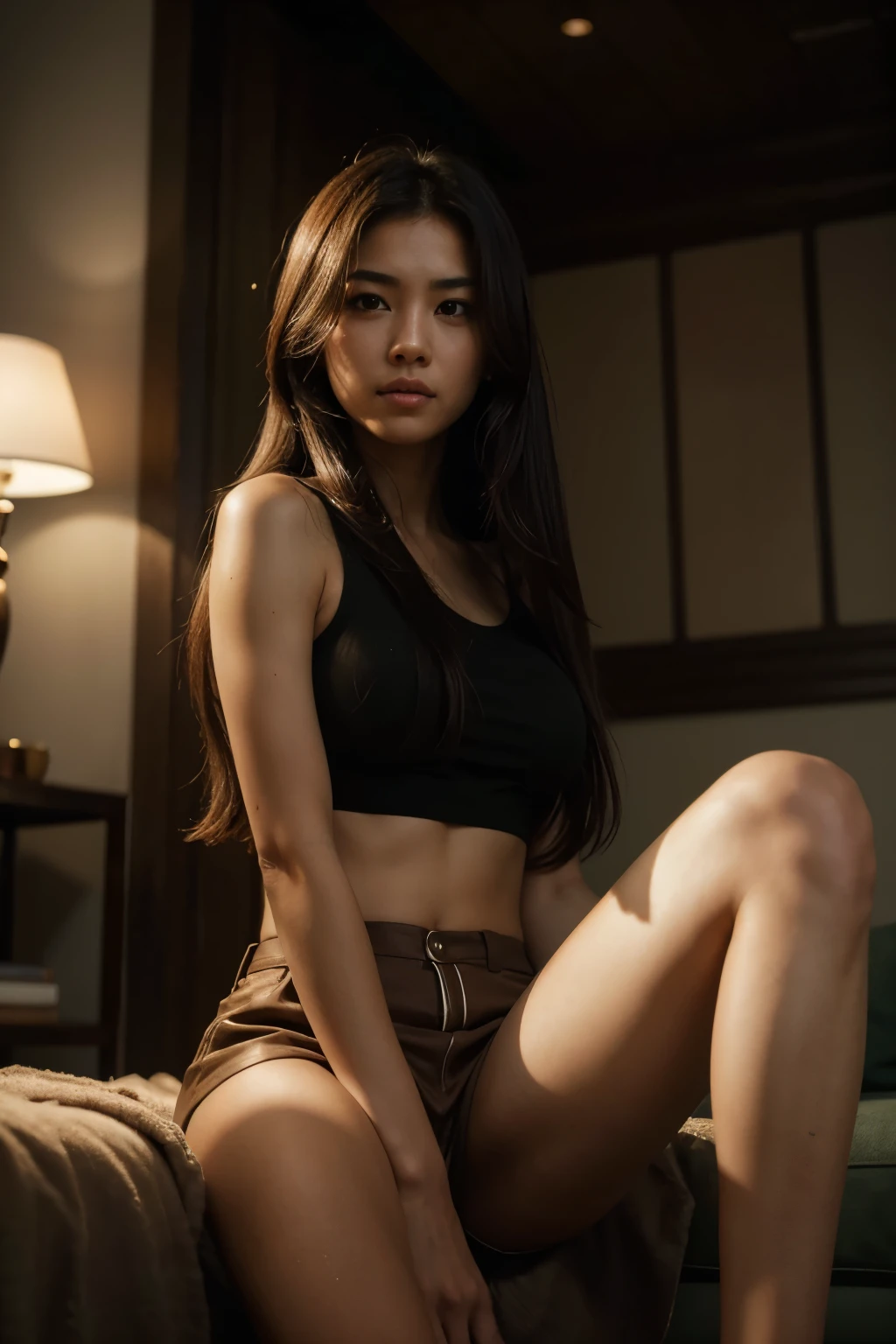 ((Realistic lighting, Best quality, 8K, Masterpiece: 1.3)), Light focus: 1.2, ((Solo, 1 Girl)), Asian girl, big breasts, Perfect figure: 1.4, Slim Abs: 1.1, ((Dark brown hair)), Super thin face, Thin eyes, Double eyelids, full fitness body, green shirt and black baggy pants, sitting in the living room,, chester delicated features, sexy features, sitting on the ground, looking away