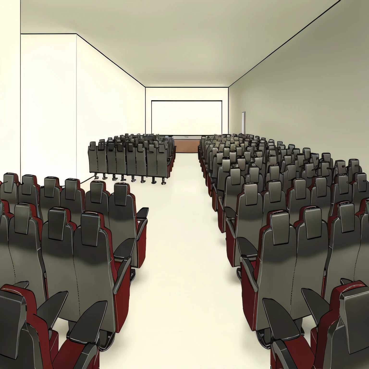 there are many chairs in the room with a projector screen, typical anime classroom room, sala de aula, sala de aula in background, photo of a sala de aula, large hall, large hall, View at ground level, salas de aula e casas de jogos, View at ground level, public, retrato amplo, sala de aula background, sala de aula da escola, teatro, Perspective view, vista completa do quarto, fotografia da sala ios 3d