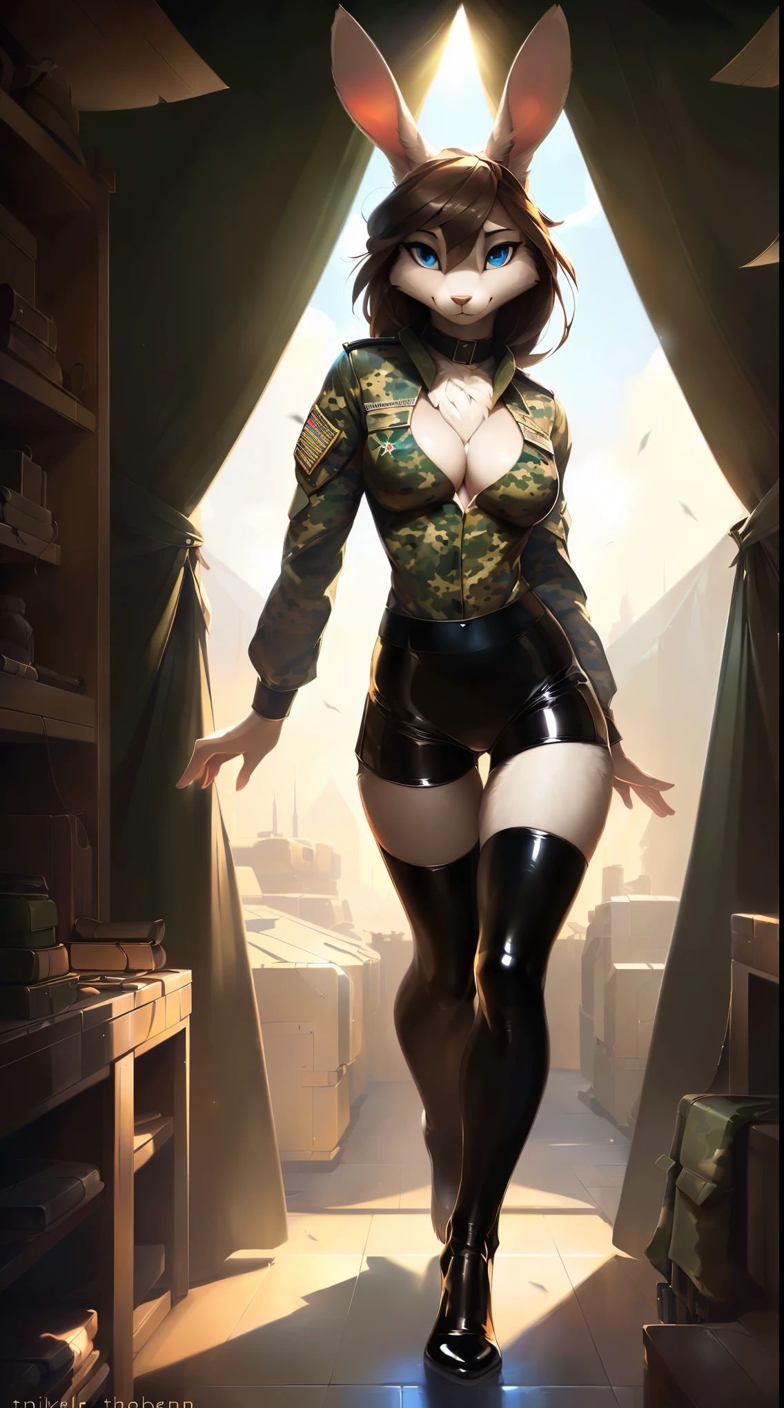 uploaded on e621, by Pixelsketcher, by Bayard Wu, by Thomas Benjamin Kennington, by Einshelm, solo anthro, young girl, ((Portrait)), ((military uniform:1.4)), ((camouflage clothing:1.3)), (legwear, sexy thighhighouth open)), (detailed Bonifasko lighting), (Detailed fur), (detailed skin), (Cinematic lighting), ((Detailed background, military camp)), (half body shadow), [Backlighting], [explict content], [sharp-focus], (Questionable content), (shaded), ((Masterpiece), Long hair, Average Breasts, (Fluffy bunny, white bunny, young bunny), (fluffy fur, fluffy tights, fluffy cleavage), Wavethesallow Face, furry fantasy art, anthro art, commission for high res, Furry art, pov furry art, Sakimichan is beautiful, Masterpiece, Best Quality, Detailed image, Bright colors, Detailed Face, perfect lighting, Perfect shadows, Perfect eyes, focus on girl, flawless face, gorgeous body, Hourglass body, shiny body, feet focus, Fluffy, fluffy girl, Body fur, Animal nose, bunny muzzle, gaze at the viewer, half closed eyes, 1girl, full body, (Masterpiece:1.2), (Best Quality:1.2), (illustartion:1.2), (Cinematic lighting:1.3), Detailed fur, (Erotic), Furry, anthro, (attractive body), sexy body, looking a viewer, seductive gaze, Suggested Pose, ((patent leather tight shorts)), perfect legs