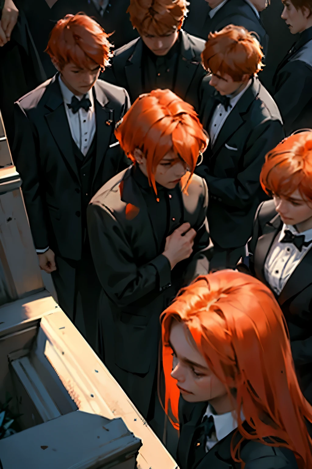 a group of  people gathered with orange hair black and orange suits elegant but going to a funeral they are sad and crying