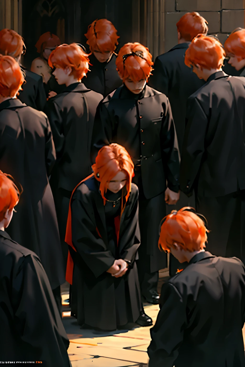 a group of  people gathered with orange hair black and orange suits elegant but going to a funeral they are sad and crying