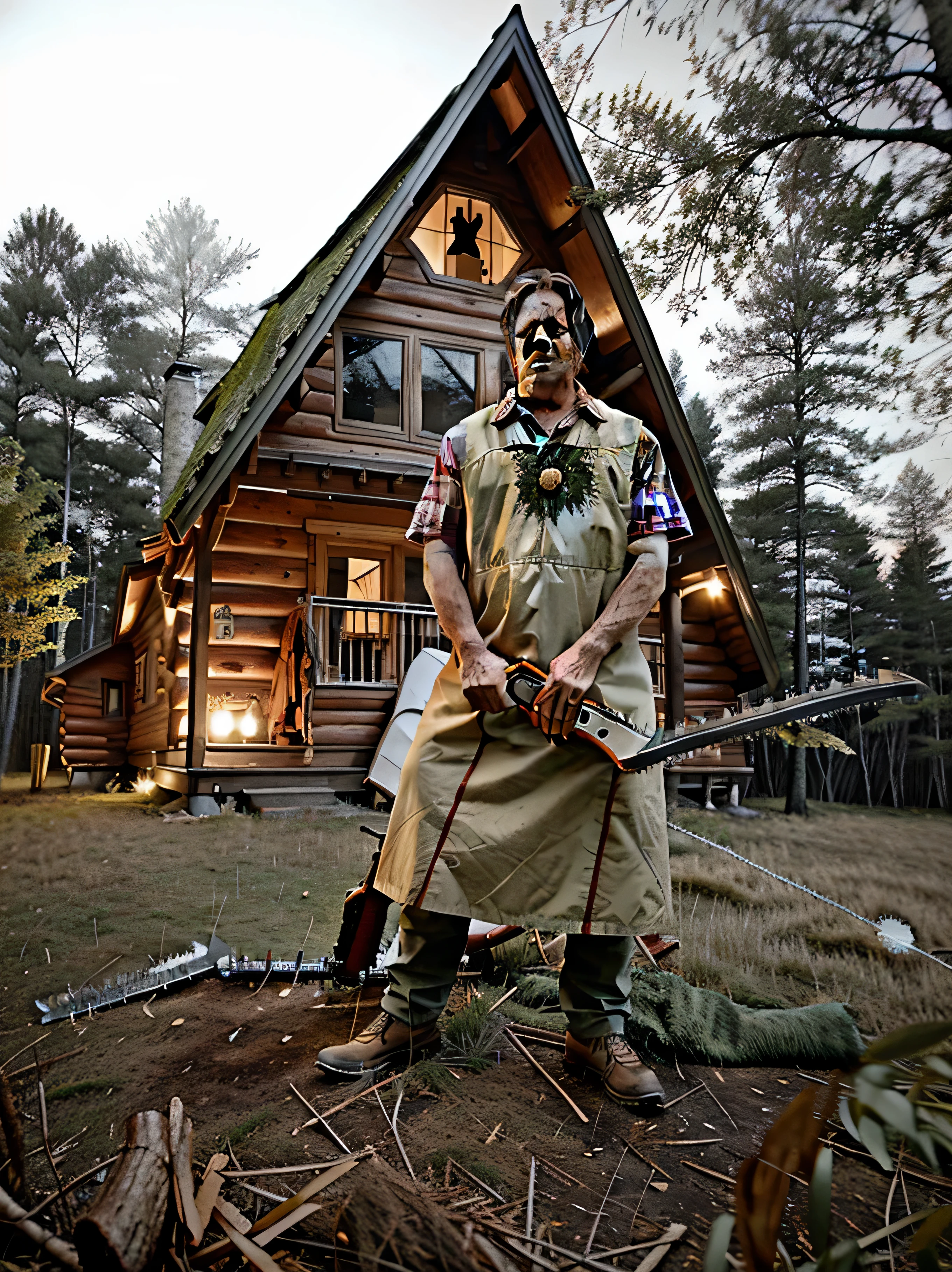 grass and dry branches, Grass floor, grass, a wooden cabin in the background, a forest, blood on the floor, there is a man with a chainsaw standing in front of a house, leatherface, chainsaw man, horror themed, horror movie slasher, slasher, chainsaw, horror style, jason, creepy themed, saws, chainsaw sword, horror setting, full costume, horror.