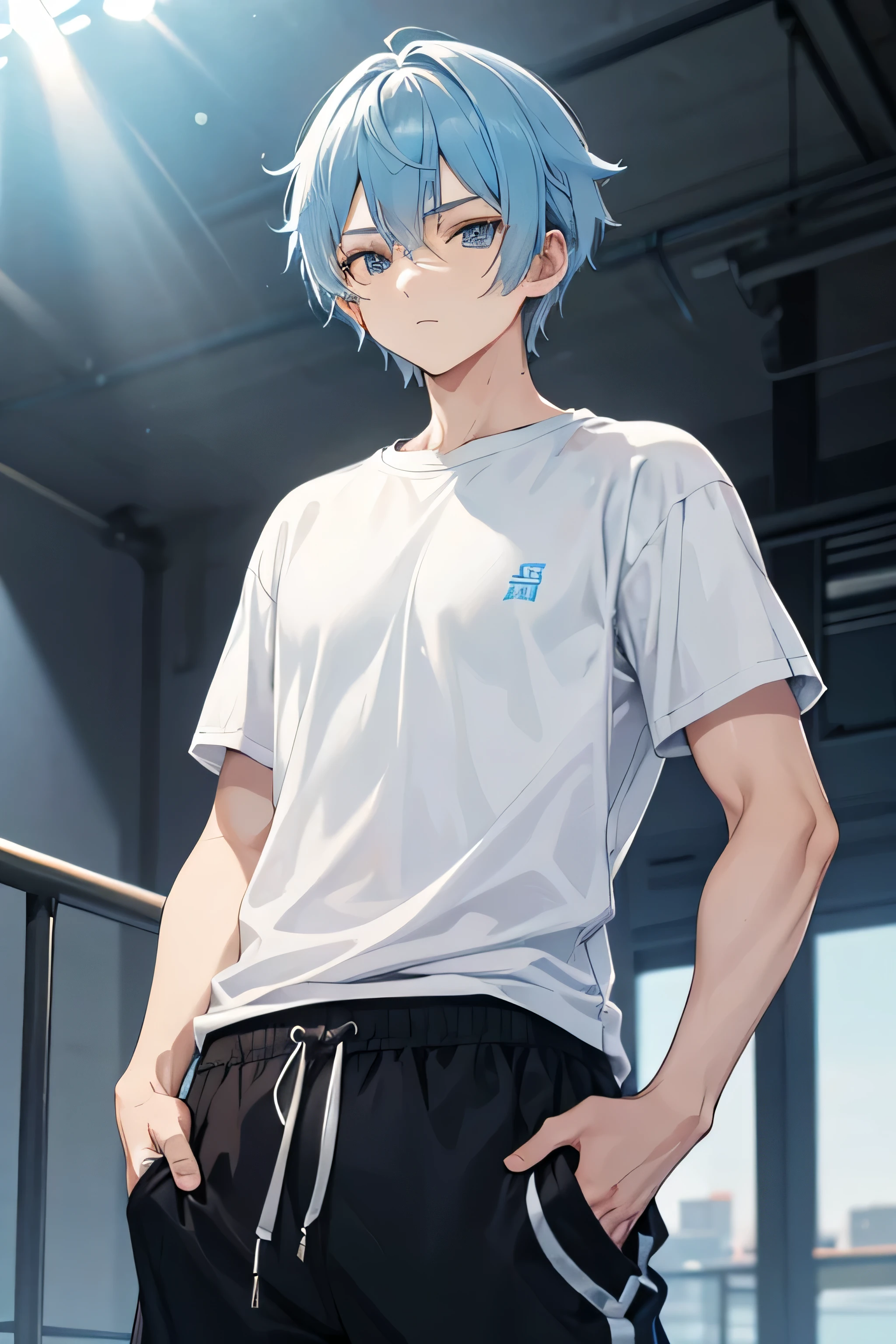 Chongyun Genshin Impact, short light blue hair, blue eyes, wearing black joggers and a white baggy t-shirt, gym, sunray, hands in pockets, confident, one man, summer, warm, muscular