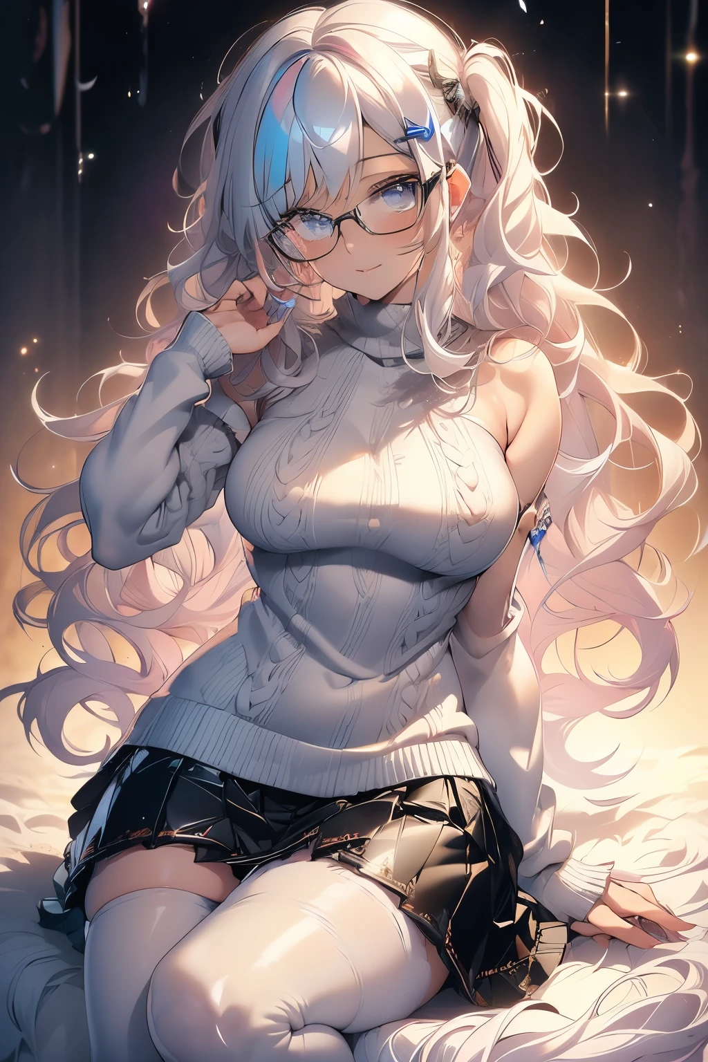 best quality, 32k, RAW photo, incredibly absurdres, extremely detailed, delicate texture, cute woman, glasses, two side up messy wavy hair, wearing fluffy long-pile knit sweater, fluffy skirt, skirt lift, pantyhose, fluffy long boots, amorous and lewd expression, superlative body proportion, shy person, shy gesture, background iridescent pastel color