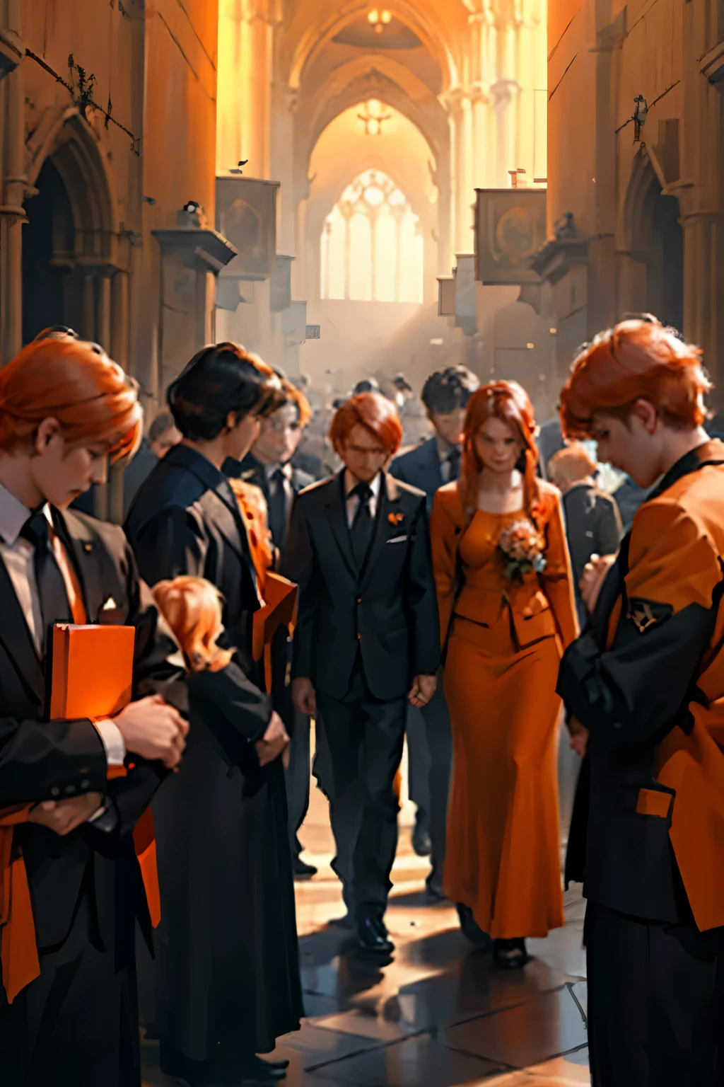 a group of 16 year old people gathered with orange hair black and orange suits elegant but going to a funeral they are sad and crying