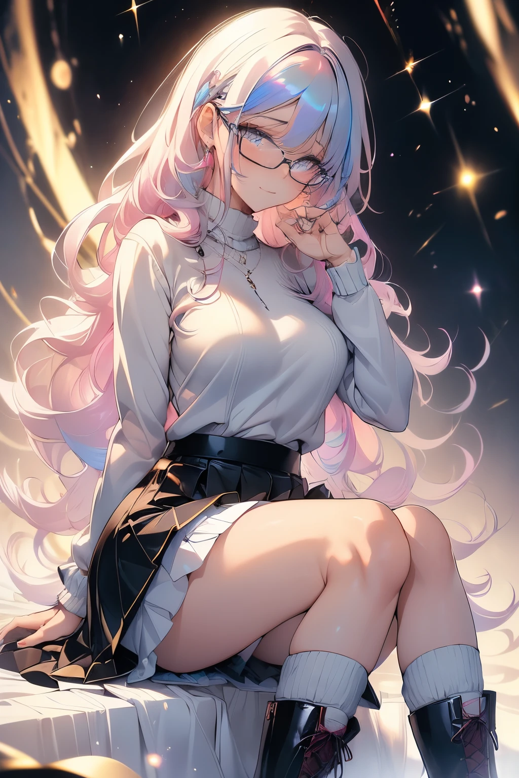 best quality, 32k, RAW photo, incredibly absurdres, extremely detailed, delicate texture, cute woman, glasses, braided bangs wavy hair, wearing fluffy long-pile knit sweater, fluffy skirt, skirt lift, pantyhose, fluffy long boots, amorous and lewd expression, superlative body proportion, shy person, shy gesture, background iridescent pastel color