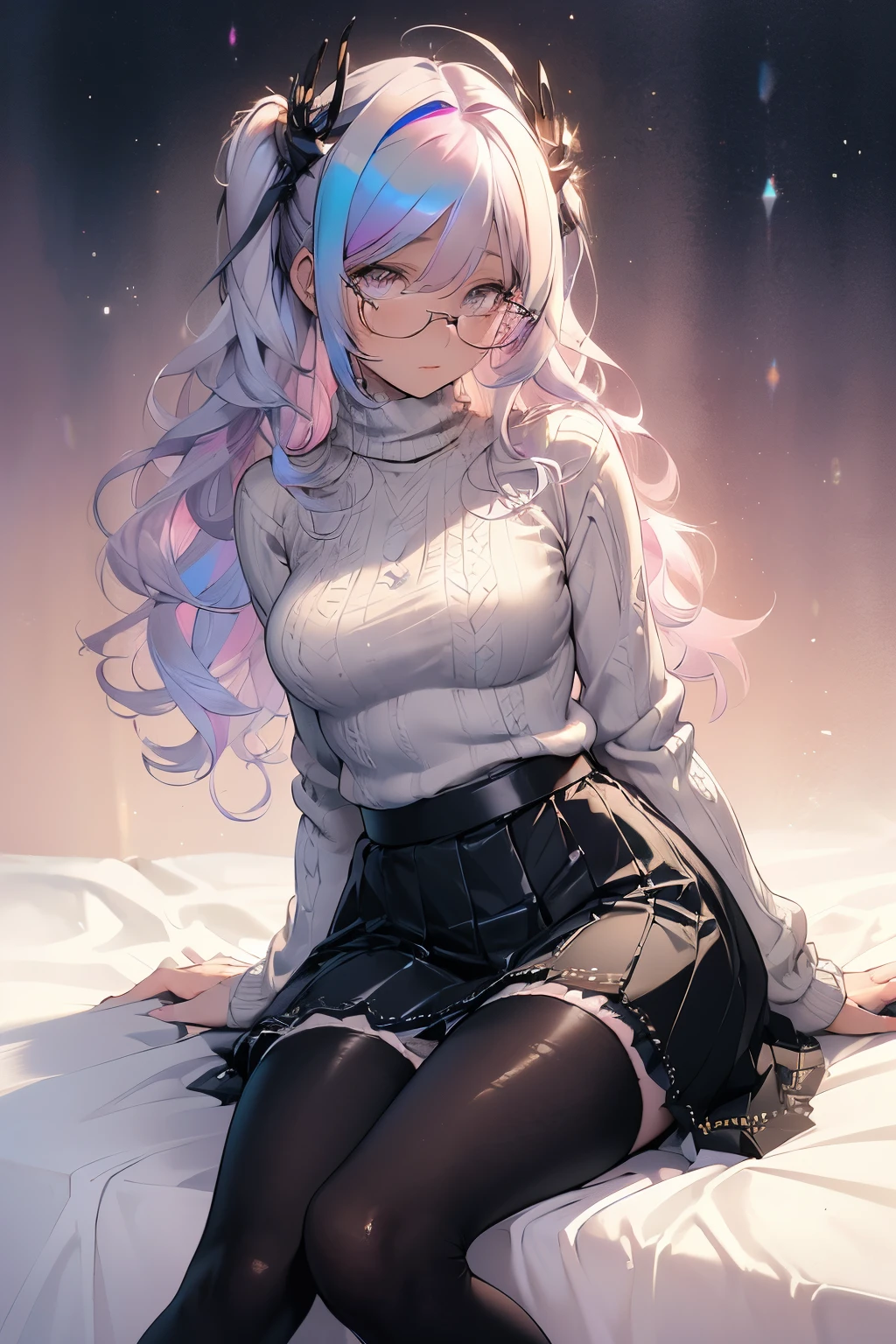 best quality, 32k, RAW photo, incredibly absurdres, extremely detailed, delicate texture, cute woman, glasses, two side up messy wavy hair, wearing fluffy long-pile knit sweater, fluffy skirt, skirt lift, pantyhose, fluffy long boots, shy, amorous and lewd expression, superlative body proportion, background iridescent pastel color