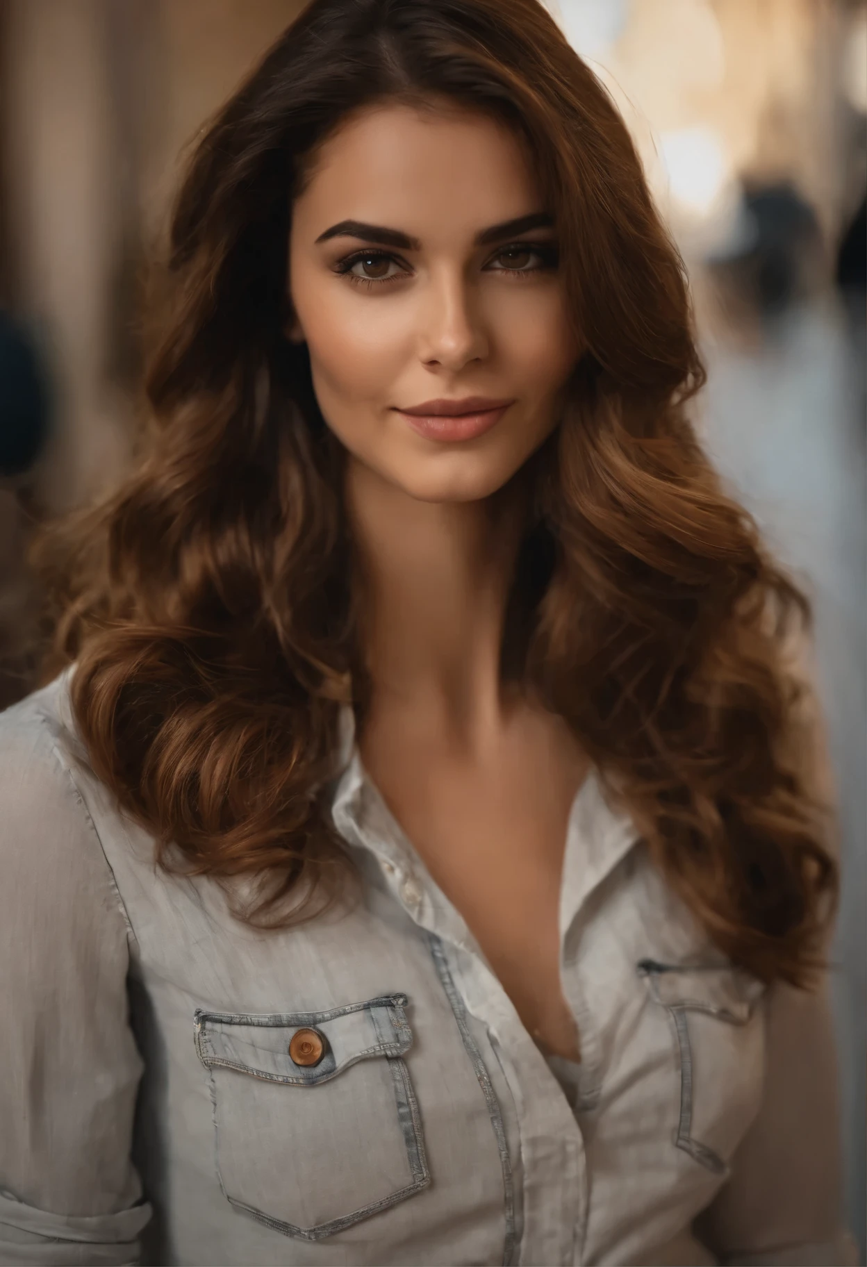 profissional, (Foto 4k:1.1) , Alto detalhe, Vestindo (camisa apertada:1.2), lindo rosto detalhado, An attractive woman with long brown hair looks at the camera, parecendo a atriz Katherine McNamara, Panasonic Lumix S Pro 50mm F/1.4, Anne Stokes, Respingo de cor, laranja escuro e esmeralda escura, Ferrania P30, foto realista, (mulher jovem e atraente:1.3), (sedutor:1.1), (rubor:1.1), formato do corpo em ampulheta, seios grandes e redondos, quadris largos, na cidade de fundo, camisa branca, jeans curtos