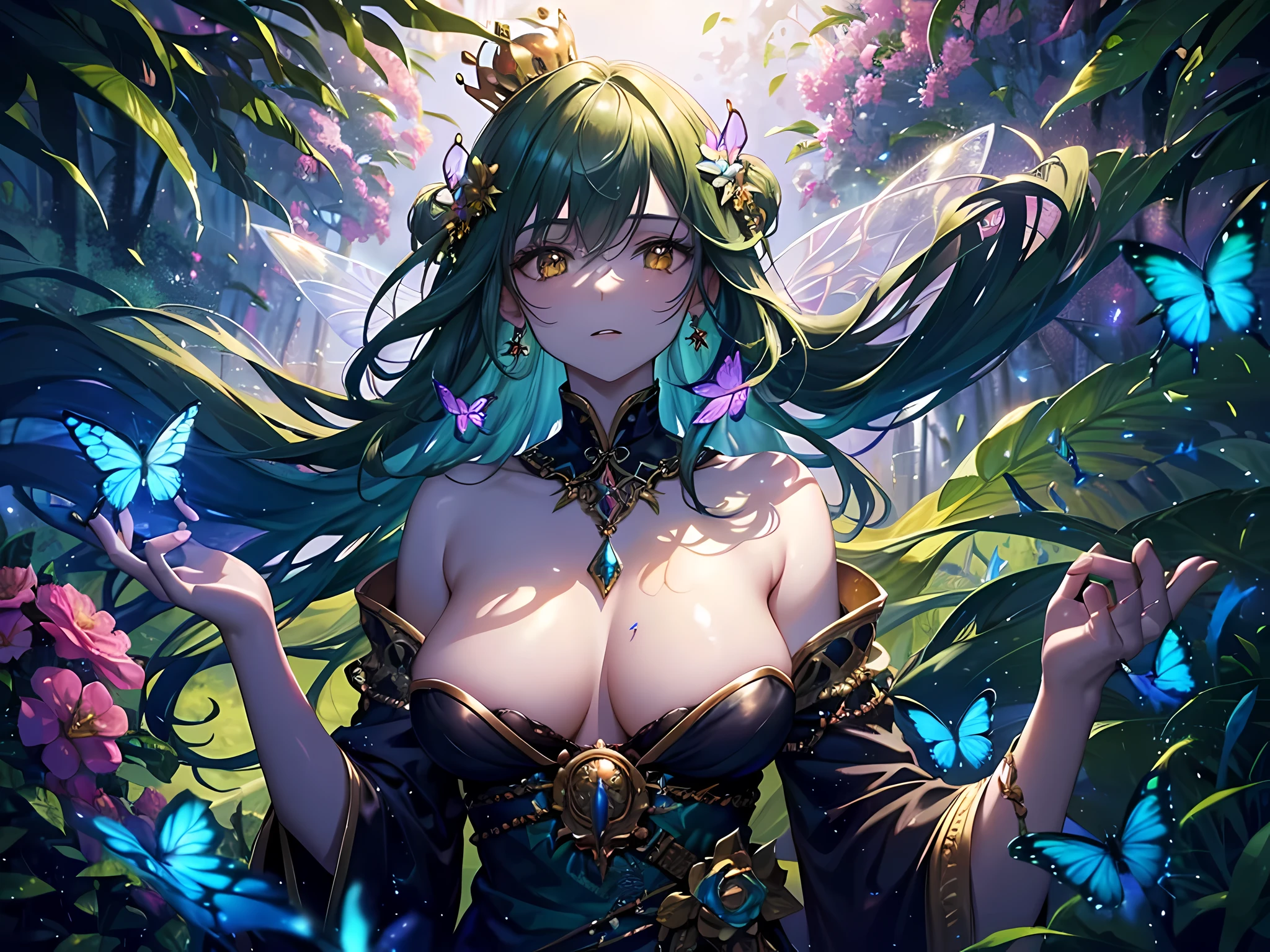 (fairy queen:naturalistic,detailed,long hair,big breasts:1.1,yellow eyes:1.1,greenish skin,noble expression,standing tall,royal attire,glowing crown,jungle background,magical aura,powerful magicks:1.1,commanding presence,lush vegetation,exotic flowers,colorful butterflies,vivid colors,ethereal beauty,supernatural being) ,oil painting,highres,ultra-detailed,photorealistic:1.37,soft lighting,harmonious color palette,                                                                                                                                                                                                                                                      
(Translated: [fairy queen] “naturalistic, detailed, long hair, [big breasts:1.1], [yellow eyes:1.1], greenish skin, noble expression, [standing tall], royal attire, glowing crown, jungle background, magical aura, [powerful magicks:1.1], commanding presence, lush vegetation, exotic flowers, colorful butterflies, vivid colors, ethereal beauty, supernatural being”, oil painting, highres, ultra-detailed, [photorealistic:1.37], soft lighting, harmonious color palette)