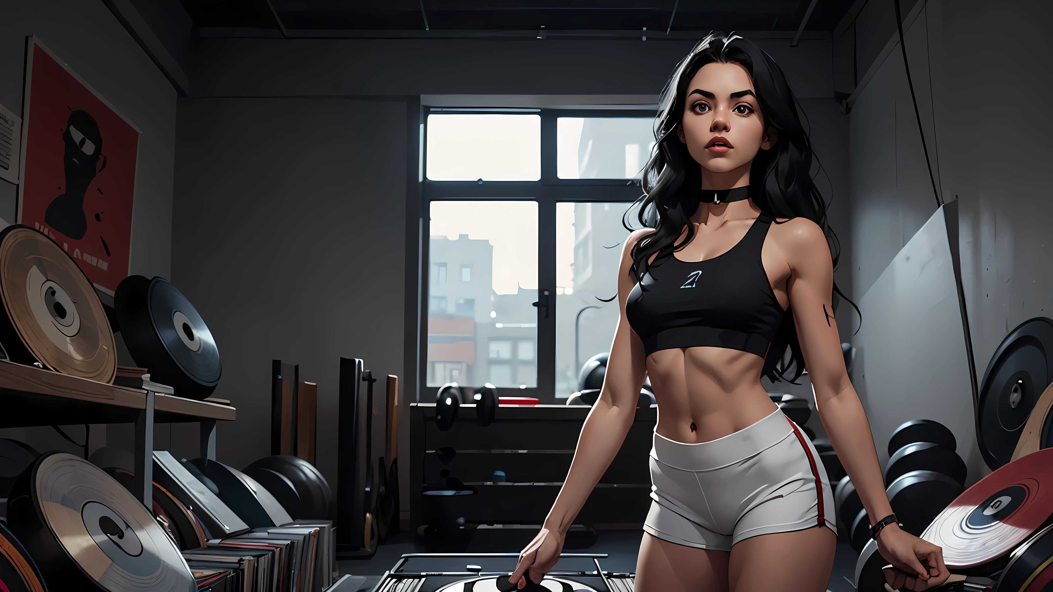 ((1girl)), 21 year old woman, long black hair, small breasts, thin hips, choker collar, tight white crop gym top, tight white gym shorts, standing, open door, open window, record store, records, vinyl, dramatic lighting, cinematic lighting, masterpiece, best quality
