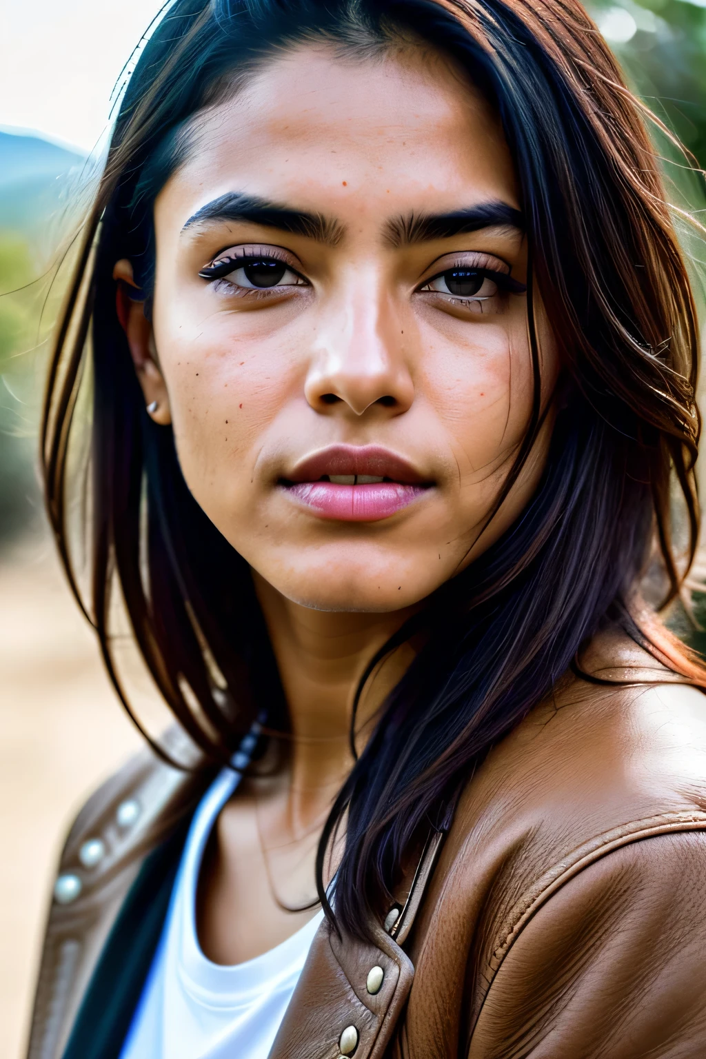 world press photo winner, (Award-winning photography:1.3), (modern Mexican woman, Beautiful face, Young woman, Mexican skin tone, typical Mexican female features:1.4), (very sharp photo:1.1), (8K, RAW photo, Best quality:1.3), (Realistic, photo-Realistic, female, modest clothing:1.1), in the garden, rocky terrain, cold, tester, inspiring, portrait (beautiful typical modern Mexican woman outdoors:1.5), analog style (look at the viewer:1.2) (Ultra textured leather) (detailing:1.3), (warm shade, warm tone:1.2), close-up, cinematic light, side lighting, ultra high resolution, best shadow, RAW, Upper body, wear a pullover, Microgeometry, skin elasticity, Light scattering through hair, ambient occlusion, multi-layer skin shading, facial muscle modeling, rendering of the iris and pupils, Advanced Color Correction, looks at the camera, full face