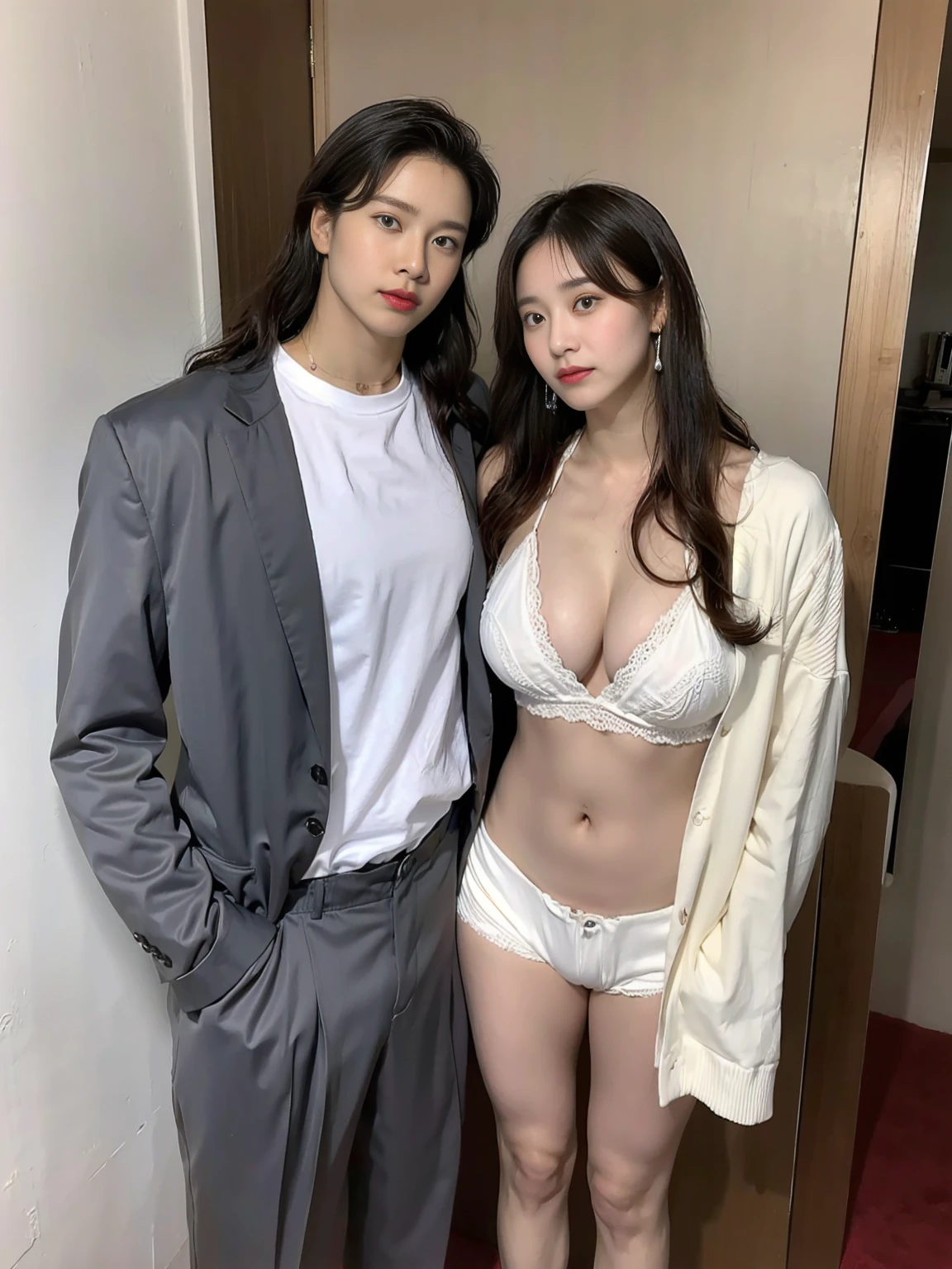 highly detailed ，8k , highest quality, （original photo：1.2），((male and female couple:1.3))、standing、（Boy kisses girl：1.2）、（boy wearing pants、muscular boy、abdominal muscles：1.6）、（The girl is wearing a lace bikini、huge breasts、Long curly hair、Perfect body、Sexy high heels：1.2）。