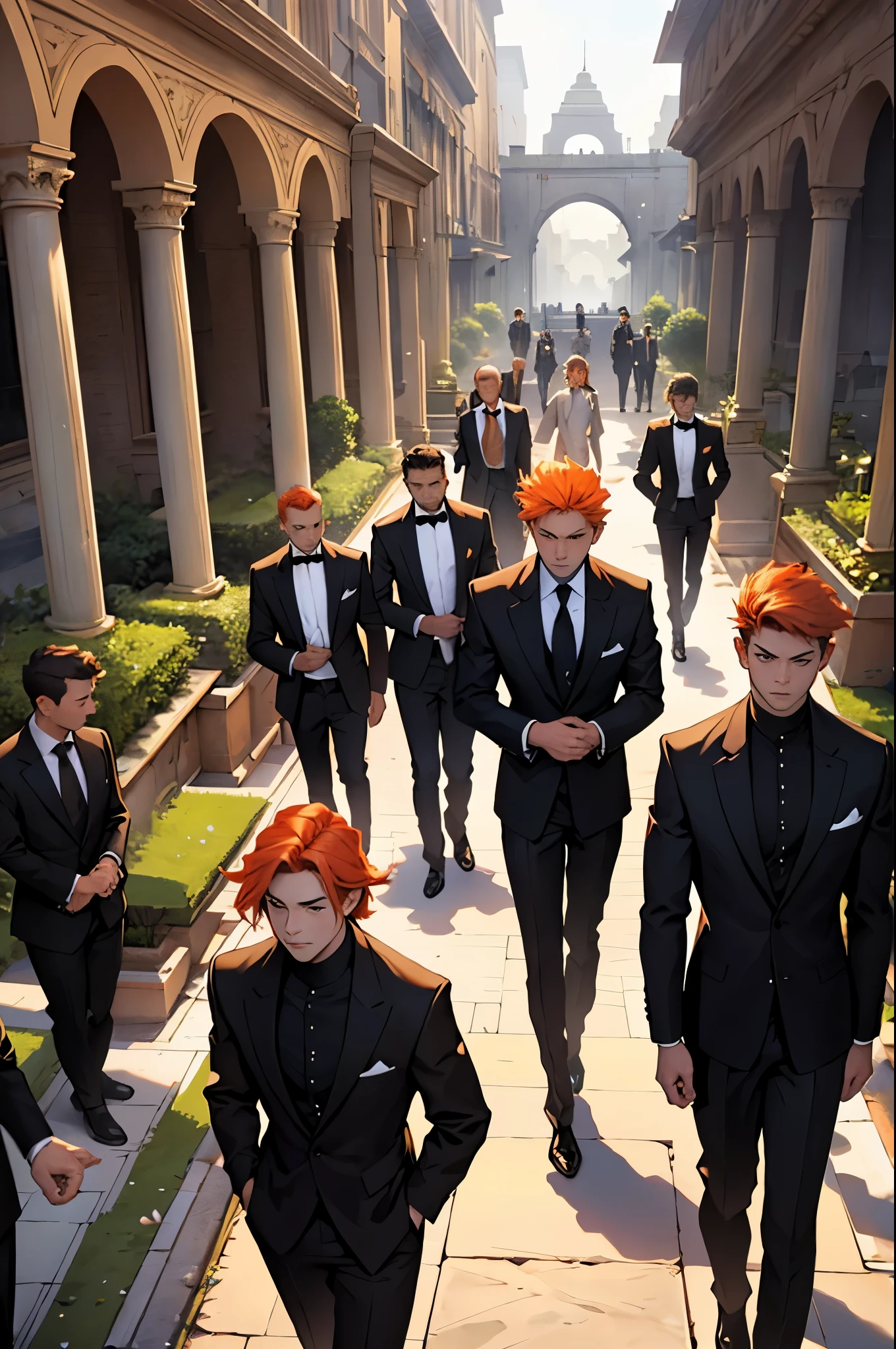 a group of 16-year-old people gathered with orange hair, black and orange suits, elegant but going to a funeral, they are sad and crying, in the background you can see an elegant Arab city with pyramids and gardens