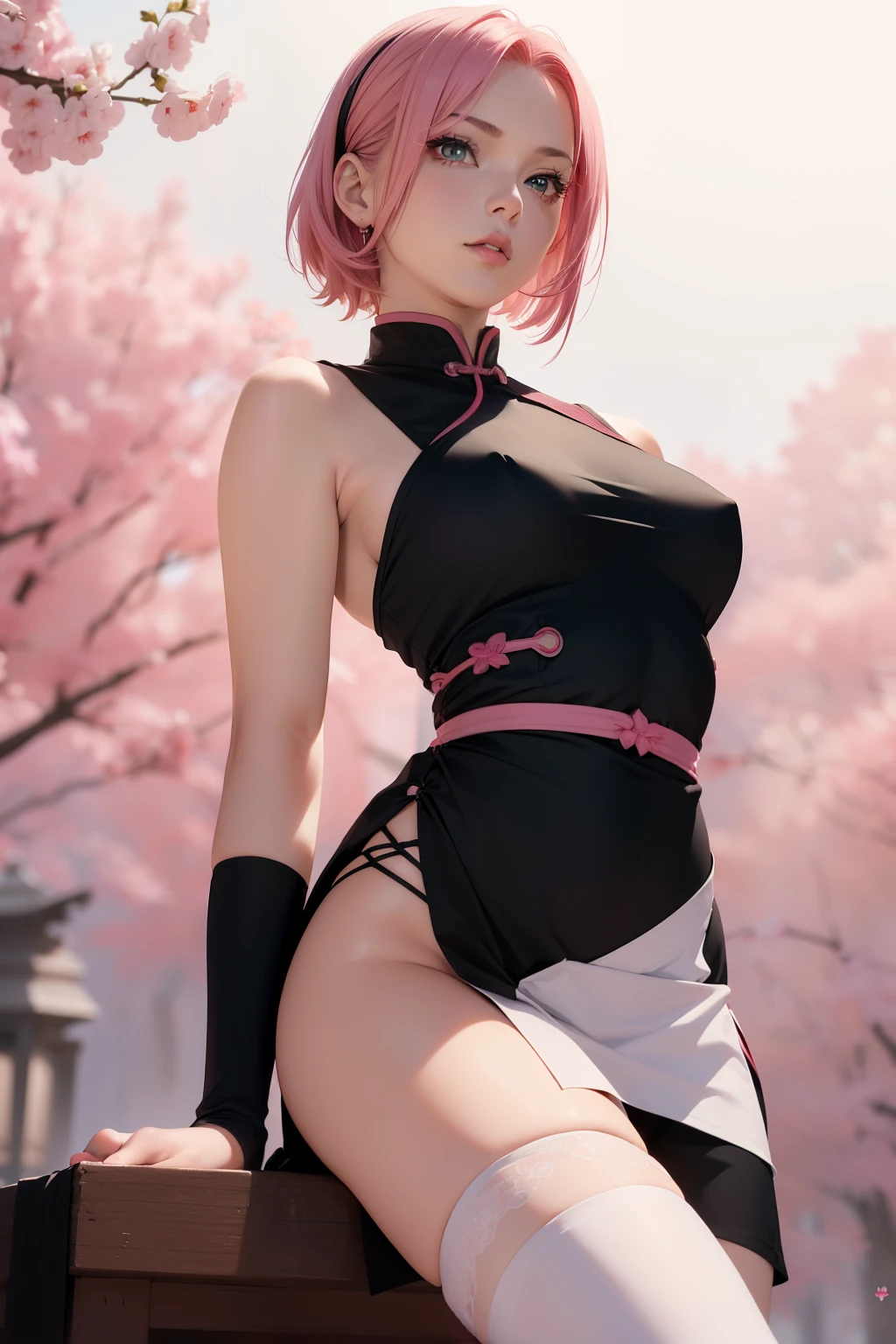 (masterpiece, best quality, cinematic, photorealistic, ultra-detailed), (1girl, Sakura Haruno), (medium shot, from below:1.5), (wears a sleeveless red qipao dress that reaches her upper thighs, with white trimmings and a white circular design on the back, tied with a black obi:1.4), (wears black shorts underneath the dress, black gloves, and pink elbow and knee protectors:1.4), (ninja sandals), (pink hair, medium hair:1.2), perfect hands, perfect face, (firm small breasts:1.4), (seductive pose:1.2), (green eyes, soft and shimmery eyeshadows, detailed pupils, defined eyelashes), (blushing, slightly parted lips, fluffy lips, red lips:1.2), (gradient background:1.2), (looking at the viewer, chin up:1.4), (standing, sensual pose:1.4), burning hot chic, (sitting crossed legs)