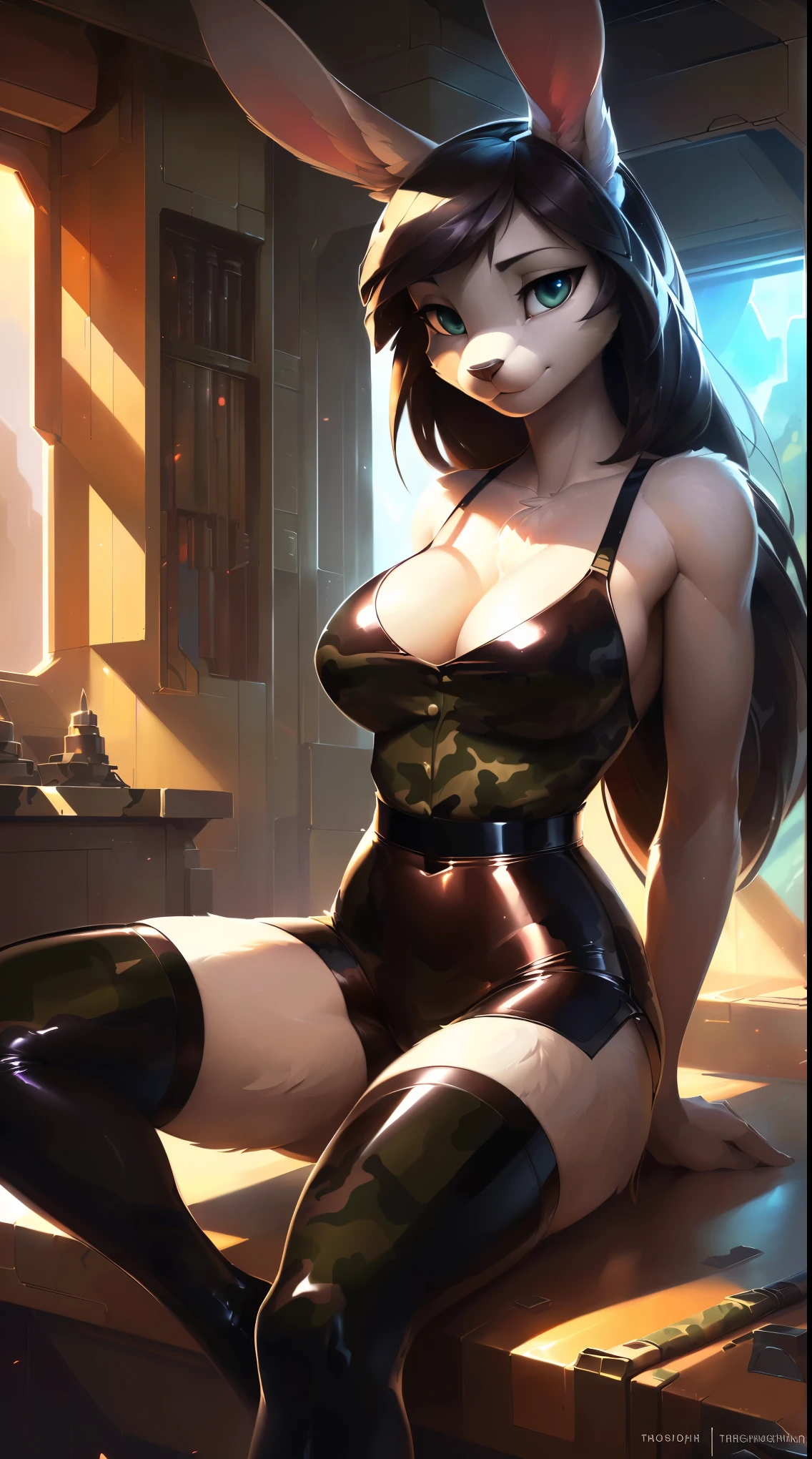 uploaded on e621, by Pixelsketcher, by Bayard Wu, by Thomas Benjamin Kennington, by Einshelm, solo anthro, young girl, ((Portrait)), ((military uniform:1.4)), warhammer 40 000, ((camouflage clothing:1.3)), (legwear, sexy thighhighouth open)), (detailed Bonifasko lighting), (Detailed fur), (detailed skin), (Cinematic lighting), ((Detailed background, military camp)), (half body shadow), [Backlighting], [explict content], [sharp-focus], (Questionable content), (shaded), ((Masterpiece), Long hair, Average Breasts, (Fluffy bunny, white bunny, young bunny), (fluffy fur, fluffy tights, fluffy cleavage), Wavethesallow Face, furry fantasy art, anthro art, commission for high res, Furry art, pov furry art, Sakimichan is beautiful, Masterpiece, Best Quality, Detailed image, Bright colors, Detailed Face, perfect lighting, Perfect shadows, Perfect eyes, focus on girl, flawless face, gorgeous body, Hourglass body, shiny body, feet focus, Fluffy, fluffy girl, Body fur, Animal nose, bunny muzzle, gaze at the viewer, half closed eyes, 1girl, full body, (Masterpiece:1.2), (Best Quality:1.2), (illustartion:1.2), (Cinematic lighting:1.3), Detailed fur, (Erotic), Furry, anthro, (attractive body), sexy body, looking a viewer, seductive gaze, Suggested Pose, ((patent leather tight shorts))
