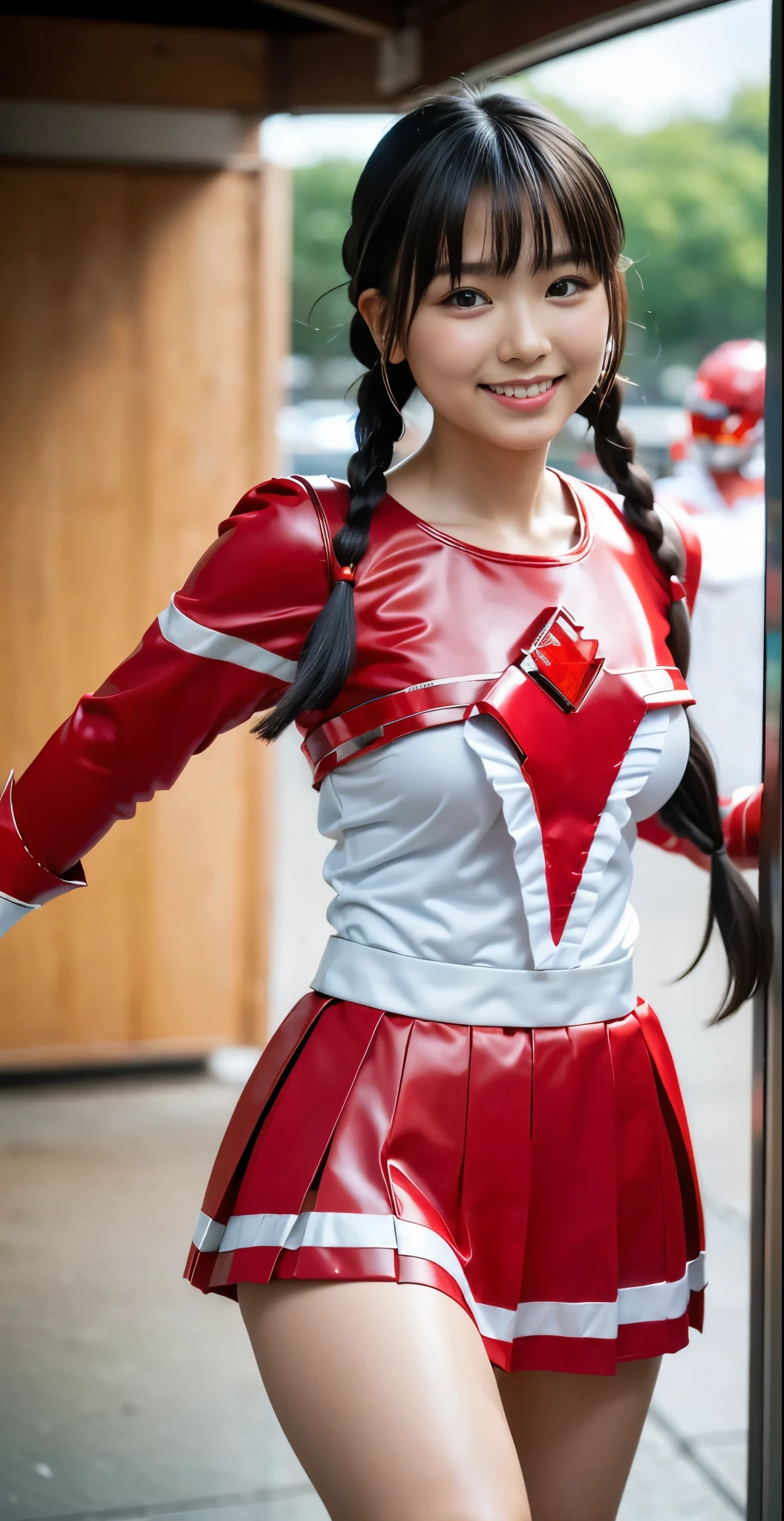 （8k、Raw photography、highest quality、masterpiece：1.2),(black haired、twin braids:1.5),show viewer,Looking at the front,erotic,white skin,(She is wearing the costume of the beautiful warrior Red Ranger.:1.8)、(Clothing that emphasizes the shape of your chest:1.4)、(big breasts:1.2)、slim body shape、ultra high resolution,beautiful,beautiful fece,(alone, alone、no background:1.9),whole bodyボディー,japanese woman,（Photoreal：1.37）、photon mapping,reality、(Baby-faced and cute: 1.5)、(cute smile: 1.7)、(With a round face: 1.8)、radio city、Physically based rendering、depth of field rally background、photograph, (I can see your knees,close up of thighs、too short skirt:1.5),whole body、super fine