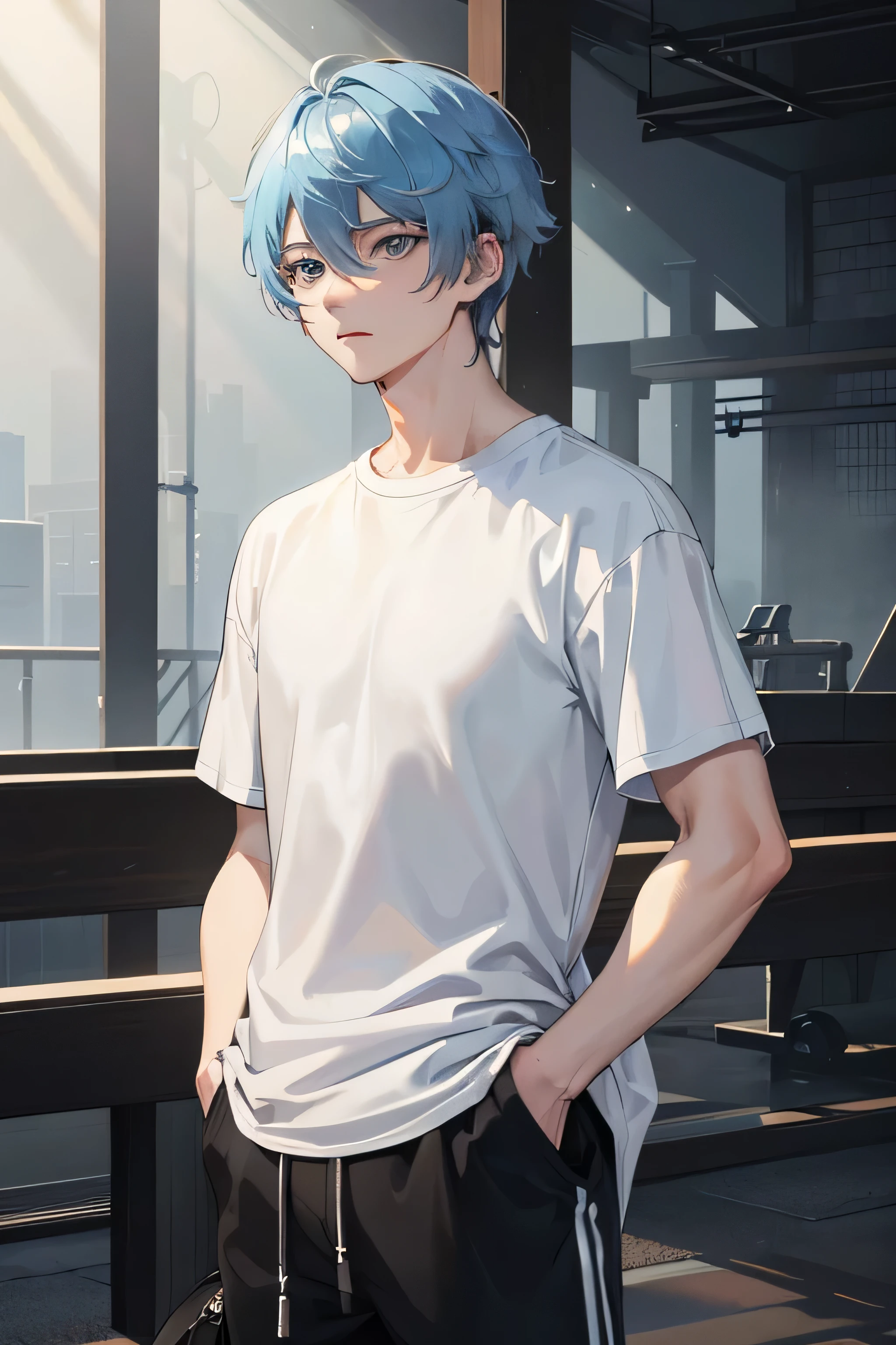 Chongyun Genshin Impact, short light blue hair, blue eyes, wearing black joggers and a white baggy t-shirt, gym, sunray, hands in pockets, confident, one man, summer, warm, muscular