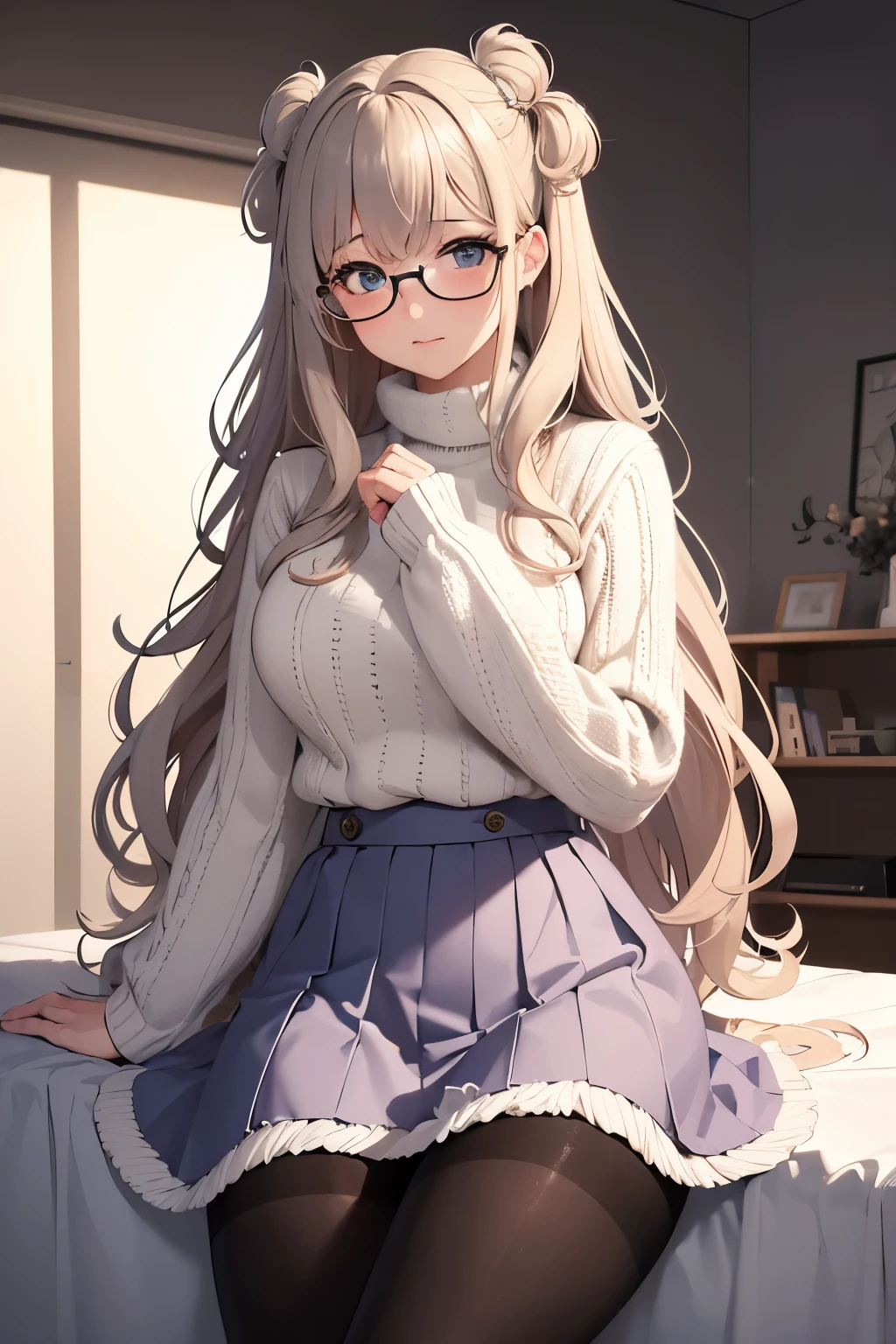 best quality, 32k, RAW photo, incredibly absurdres, extremely detailed, delicate texture, cute woman, glasses, two side up messy wavy hair, wearing fluffy long-pile knit sweater, fluffy skirt, skirt lift, pantyhose, fluffy long boots, amorous and lewd expression, superlative body proportion, shy person, shy gesture, background iridescent pastel color