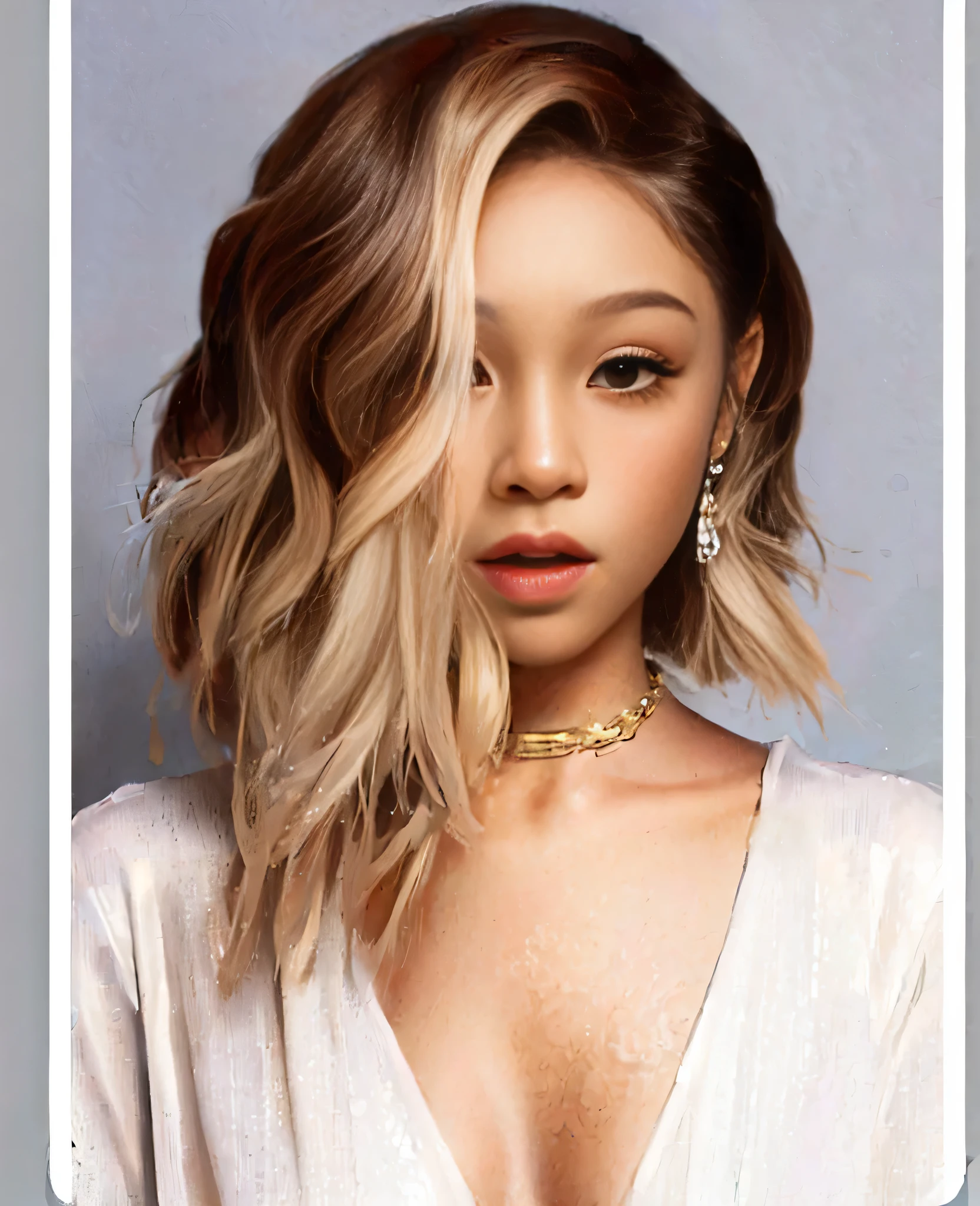 Wavy hair, combed to one side, wavy hairstyle, Wavy hair до плеч, hair parting, wavy short hair, короткие Wavy hair, потрясающая beauty, wavy and short hair on the top of the head, red hair and attractive features, beauty, Awesome, wavy short brown hair, Medium short hair, Asian, bright skin, woman with the first signs of aging, The face is clearly visible, Asianские глаза, blush, Thin lips, An open face