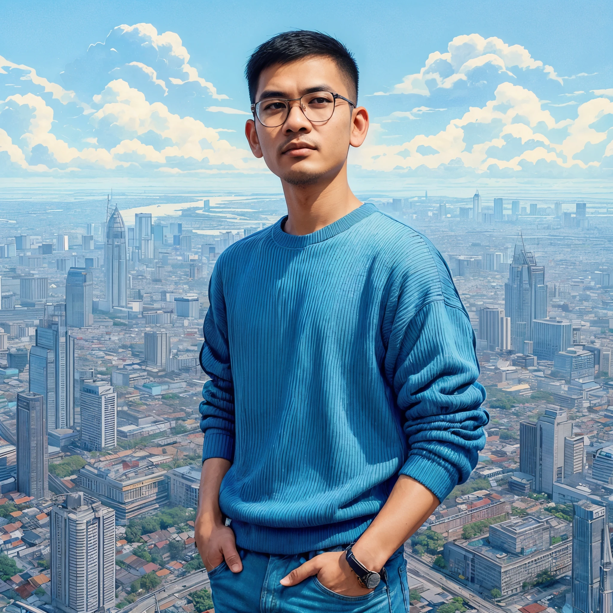 30 years old Indonesian man, glasses, buzz cut,  hiper-realistic, illustration, high resolution, 8k , extreme detailed, best illustration, blue sweater, wearing blue jeans, wearing sneakers, clear city background, ultra HD, sharp focus, long shoot, fullbody angle