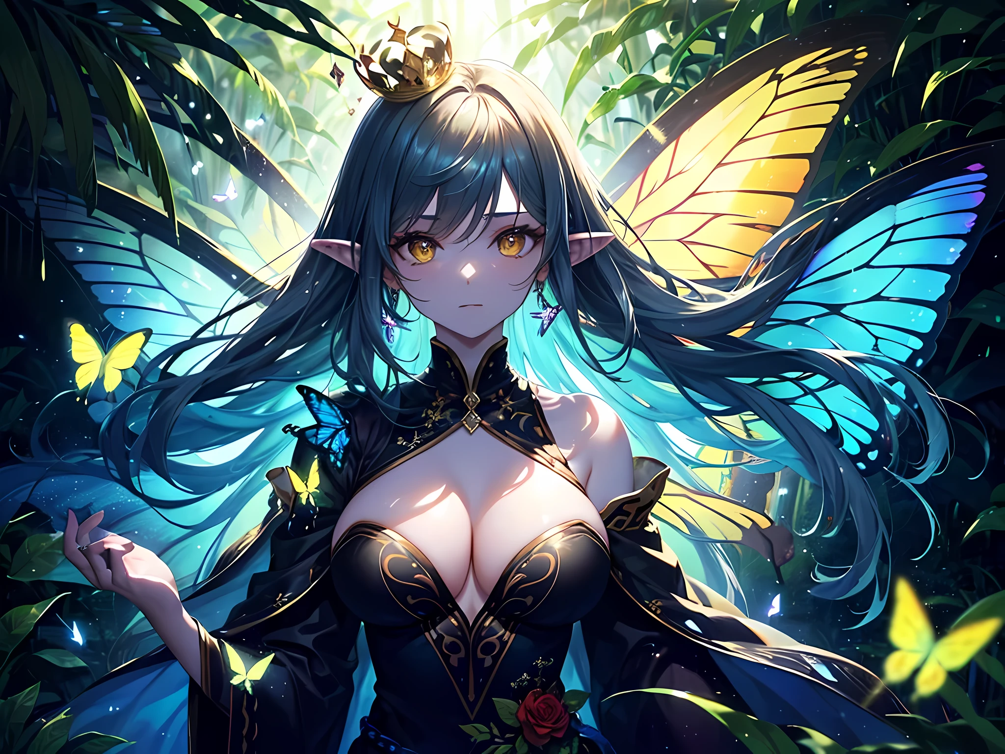 (fairy queen:naturalistic,detailed,long hair,big breasts:1.1,yellow eyes:1.1,greenish skin,noble expression,standing tall,royal attire,glowing crown,jungle background,magical aura,powerful magicks:1.1,commanding presence,lush vegetation,exotic flowers,colorful butterflies,vivid colors,ethereal beauty,supernatural being) ,oil painting,highres,ultra-detailed,photorealistic:1.37,soft lighting,harmonious color palette,                                                                                                                                                                                                                                                      
(Translated: [fairy queen] “naturalistic, detailed, long hair, [big breasts:1.1], [yellow eyes:1.1], greenish skin, pointy ears, noble expression, [standing tall], royal attire, glowing crown, jungle background, butterfly wings, magical aura, [powerful magicks:1.1], commanding presence, lush vegetation, exotic flowers, colorful butterflies, vivid colors, ethereal beauty, supernatural being”, oil painting, highres, ultra-detailed, [photorealistic:1.37], soft lighting, harmonious color palette)