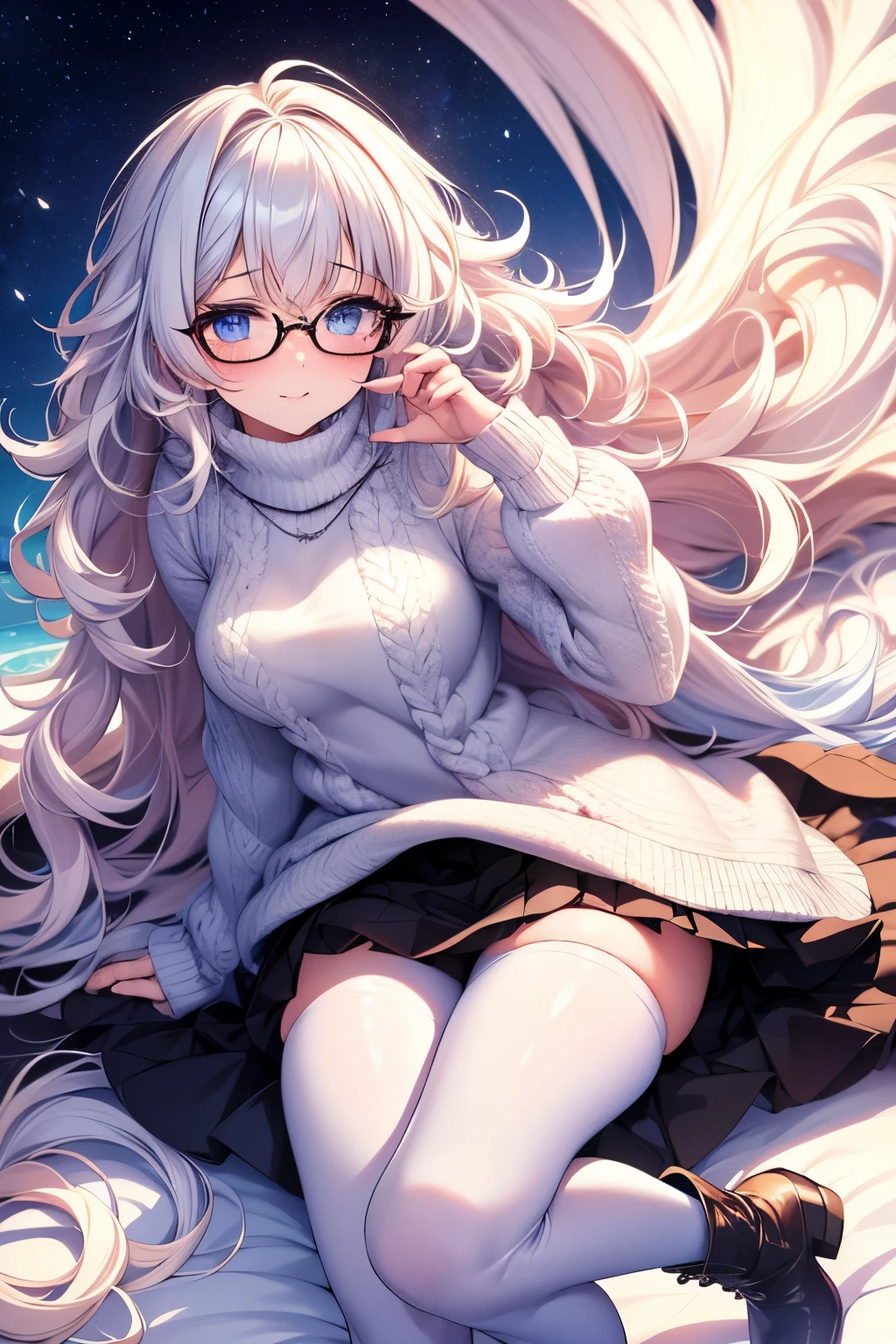 best quality, 32k, RAW photo, incredibly absurdres, extremely detailed, delicate texture, cute woman, glasses, two side up messy wavy hair, wearing fluffy long-pile knit sweater, fluffy skirt, skirt lift, pantyhose, fluffy long boots, amorous and lewd expression, superlative body proportion, shy person, shy gesture, background iridescent pastel color